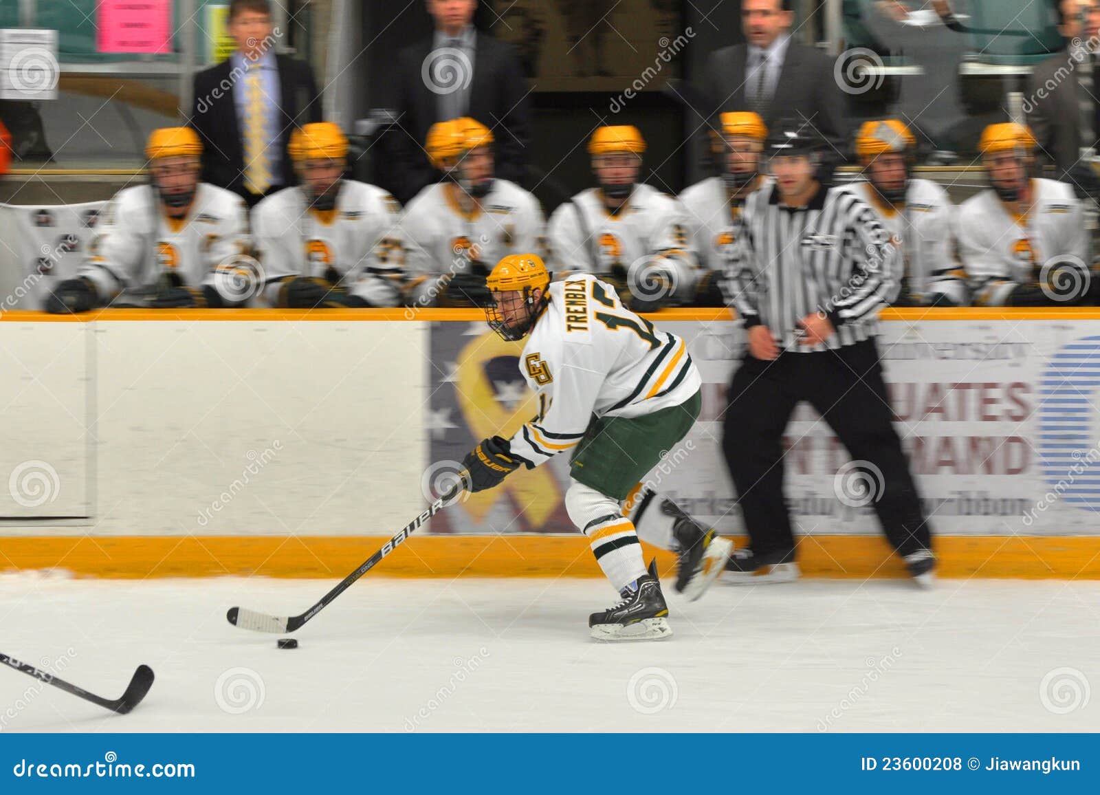 De Inkeping Tremblay van Clarkson in NCAA het Spel van het Hockey. 18 februari, 2012 - Clarkson Universitaire spelerInkeping Tremblay in NCAA het Spel van het Ijshockey tussen Universiteit Clarkson en de Universiteit van Colgate in Arena Cheel in Potsdam, New York, de V.S.