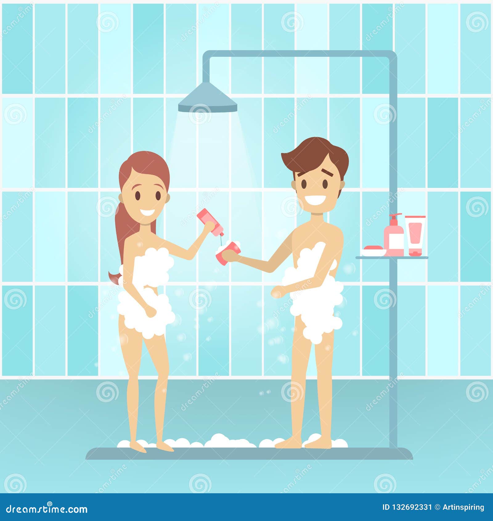 De Jonge Man En De Vrouw Nemen Douche In De Badkamers Vector 