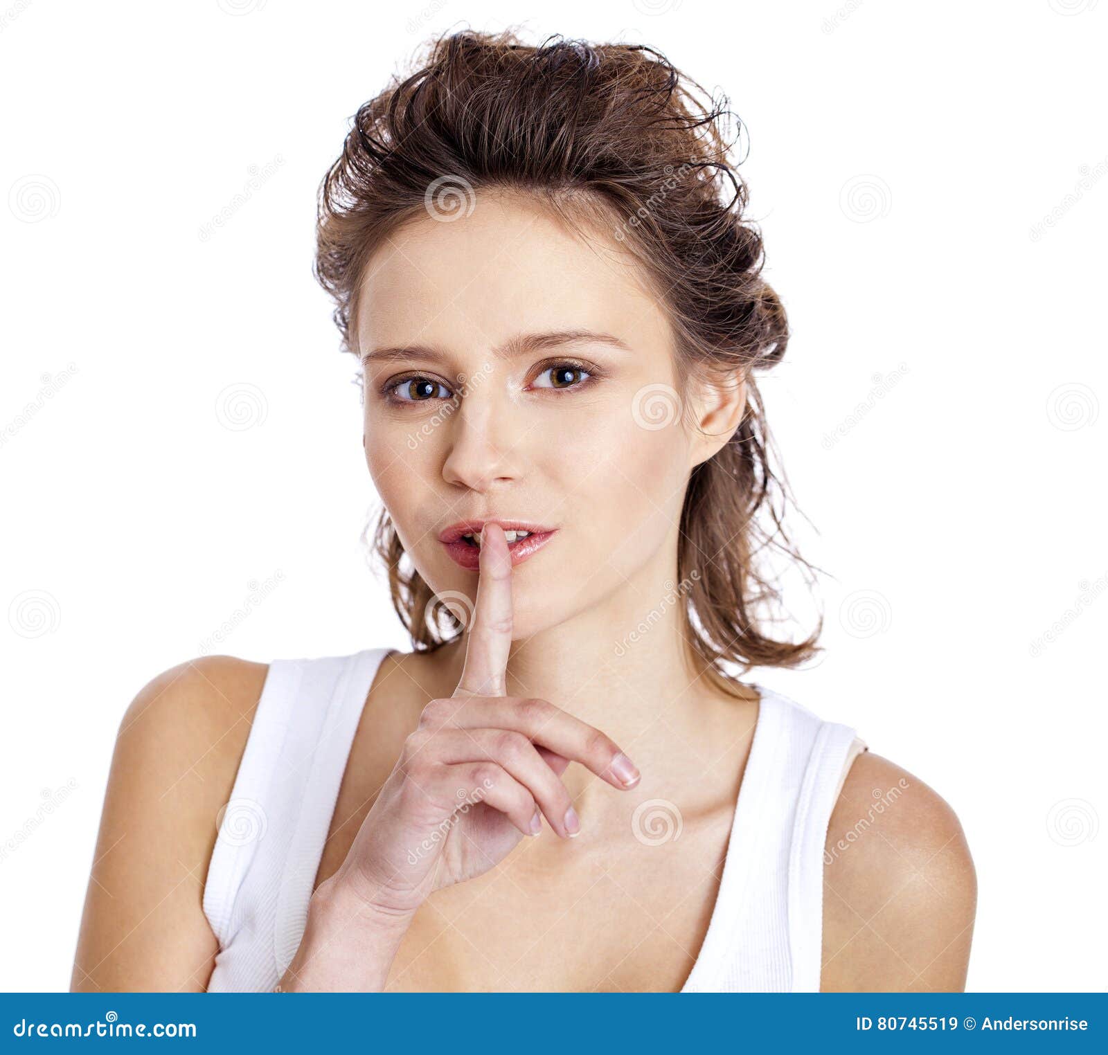 De Jonge Mooie Vrouw Heeft Wijsvinger Aan Lippen Als Teken 