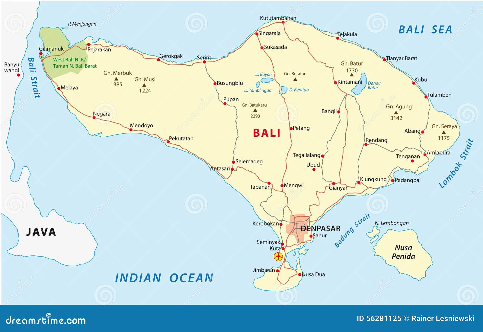 De Kaart Van Bali Vector Illustratie. Illustration Of Indonesië - 56281125