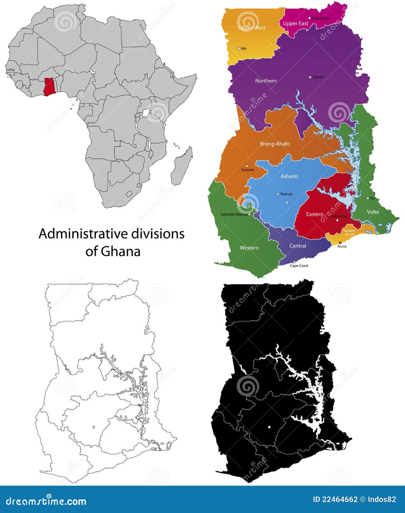 De kaart van Ghana. Administratieve afdeling van de Ghanese Republiek