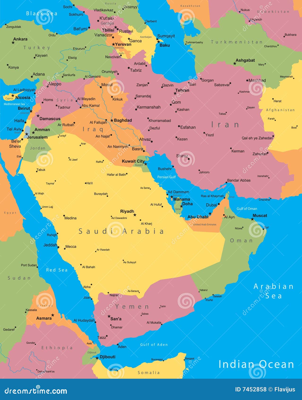 De Kaart Van Het Midden-Oosten Vector Illustratie - Illustration Of  Aardrijkskunde, Grenzen: 7452858
