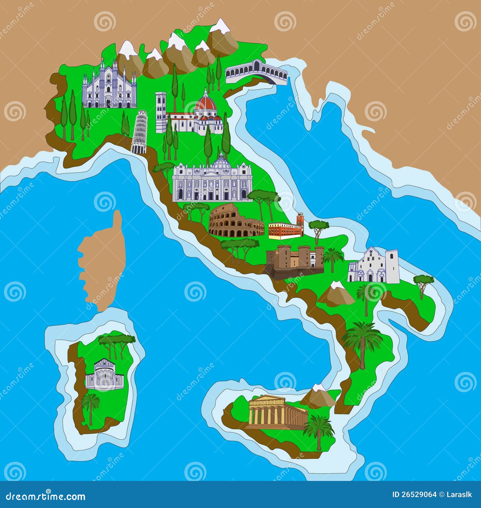 De kaart van Italië. Italiaanse famouslandmarks op een kaart