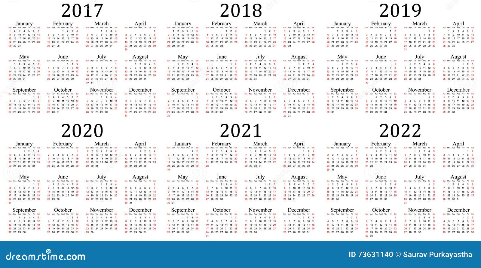 De Kalender Van Zes Jaar 2017, 2018, 2019, 2020, 2021 En