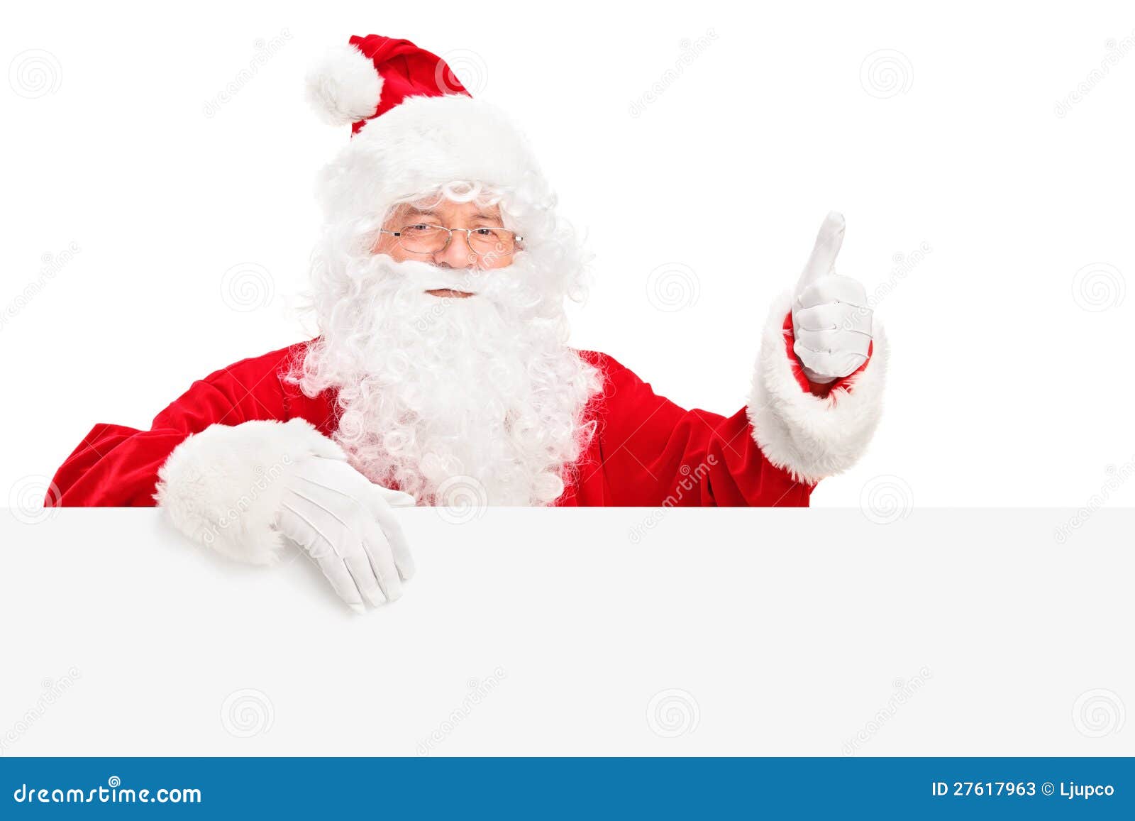 De Kerstman Achter Aanplakbord Dat Een Duim Opgeeft Stock Afbeelding ...