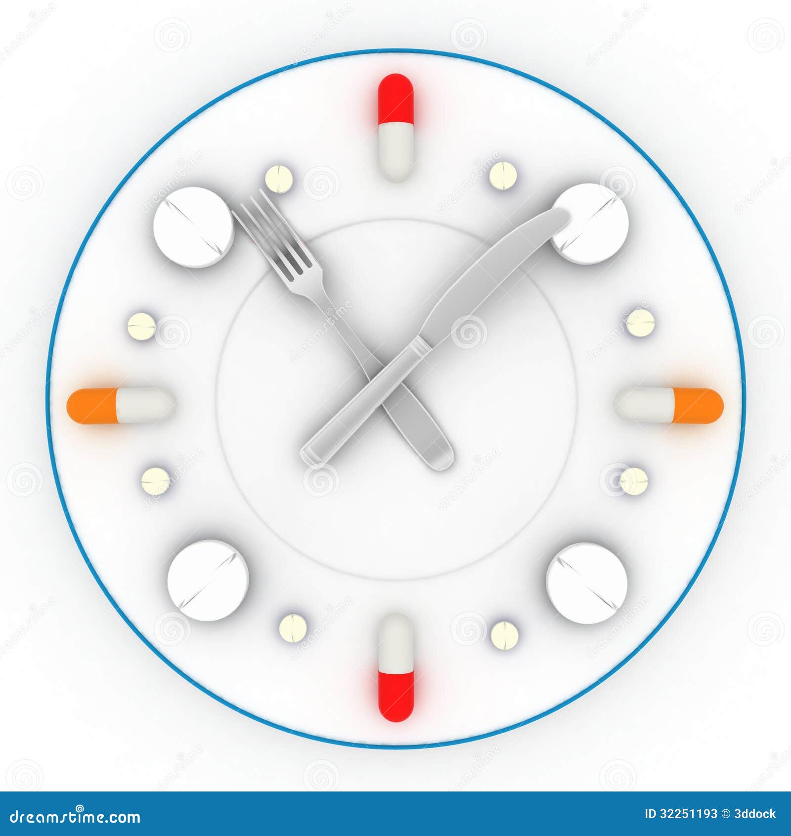 De klok bestaat uit de plaat, pillen, vorken met een mes. Een klok bestaat uit de plaat, pillen, vorken met een mes op een witte achtergrond. 3D illustraties
