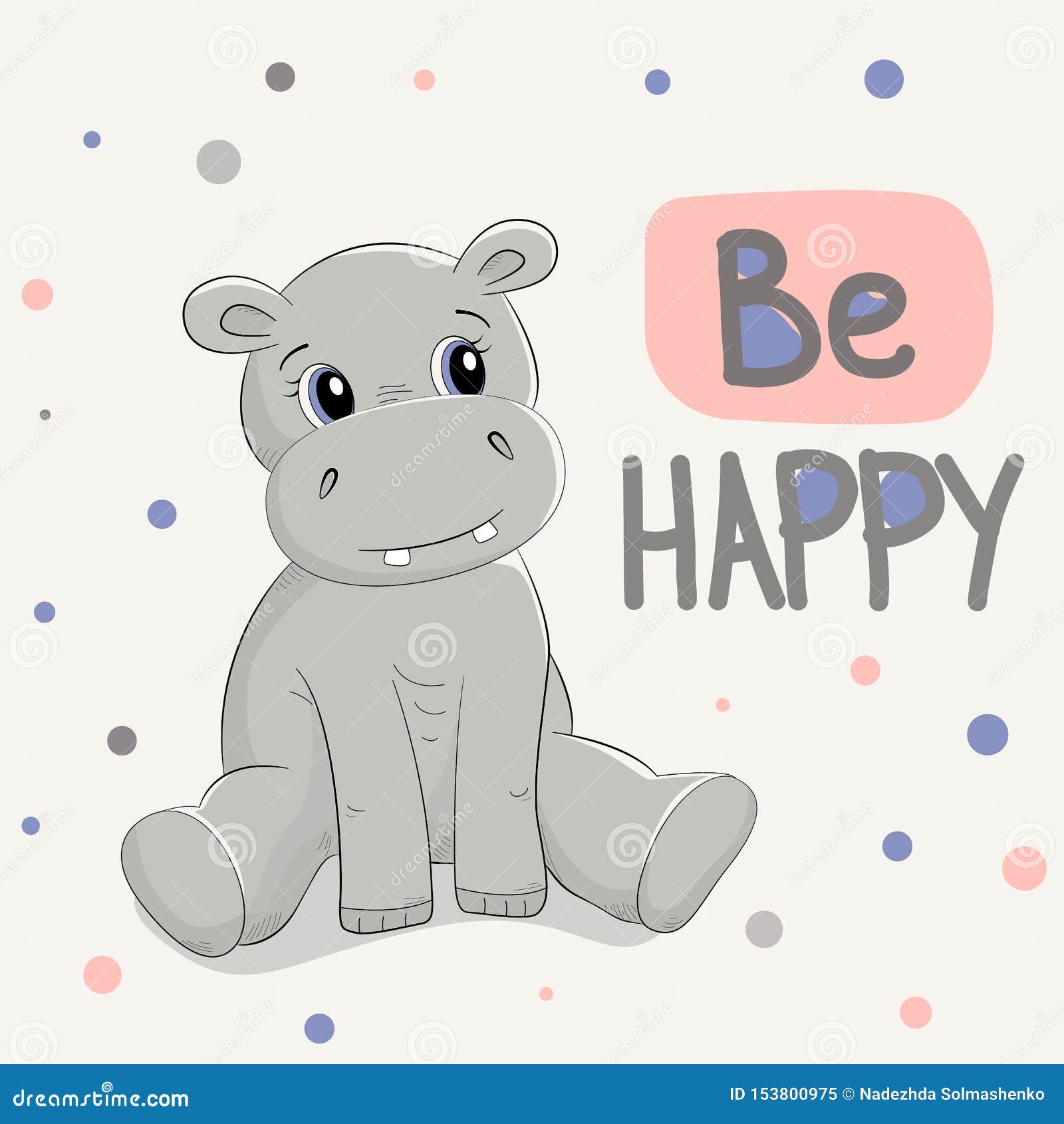 De leuke hippo getrokken vectorillustratie met de inschrijving gelukkig is, voor t-shirtdruk, ontwerp voor de kleren van kinderen, de uitnodigingskaart van de babydouche