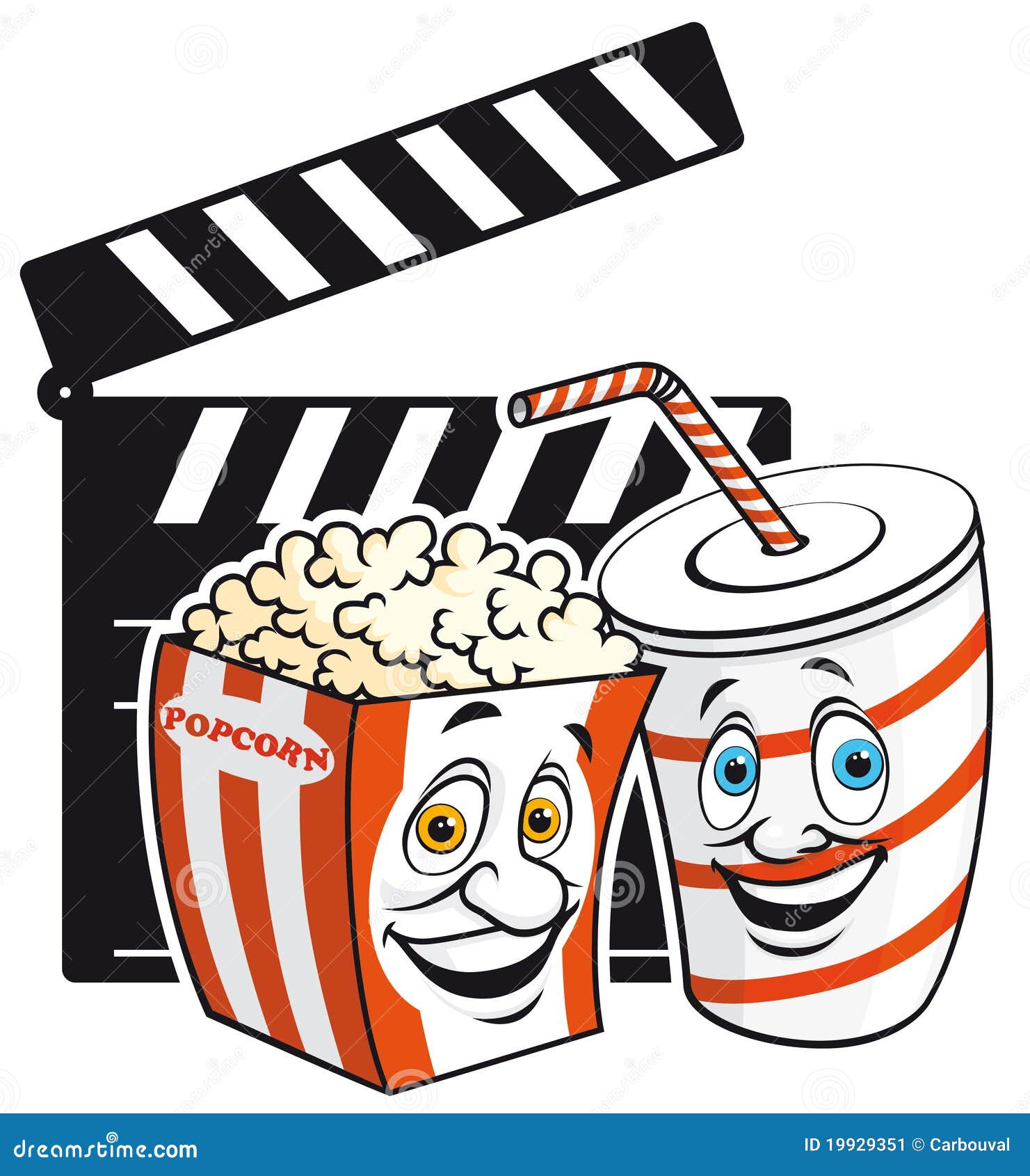 De mascottes van de bioskoop. Vector de drankmascottes van de illustratiePopcorn amd op filmlei