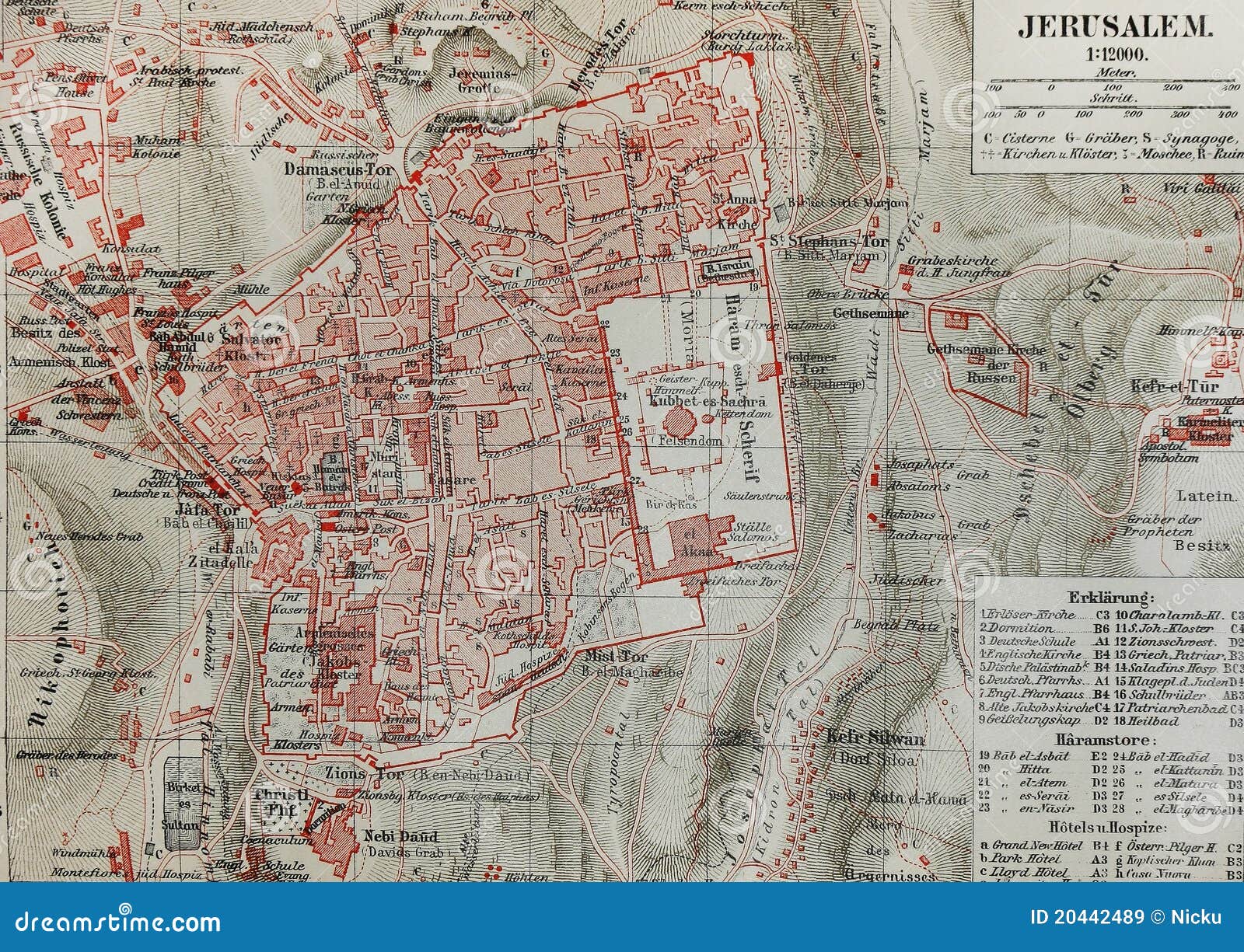 De oude kaart van Jeruzalem. 19de een eeuw oude kaart van Jeruzalem (Heilig Land)