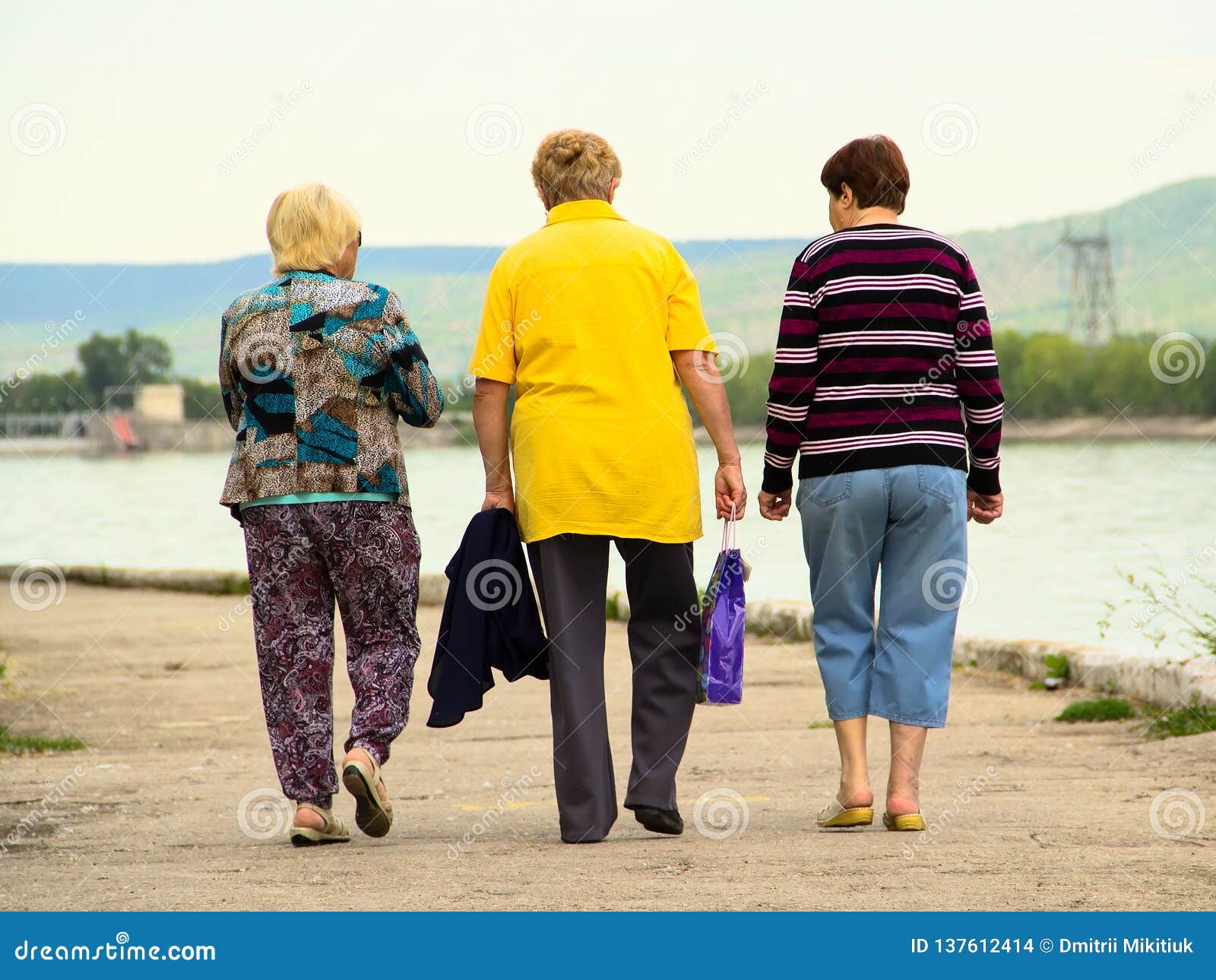 De oude vrouwen lopen langs de dijk. De oude vrouwen lopen samen langs de bank van de de zomerrivier en het spreken over pensioen