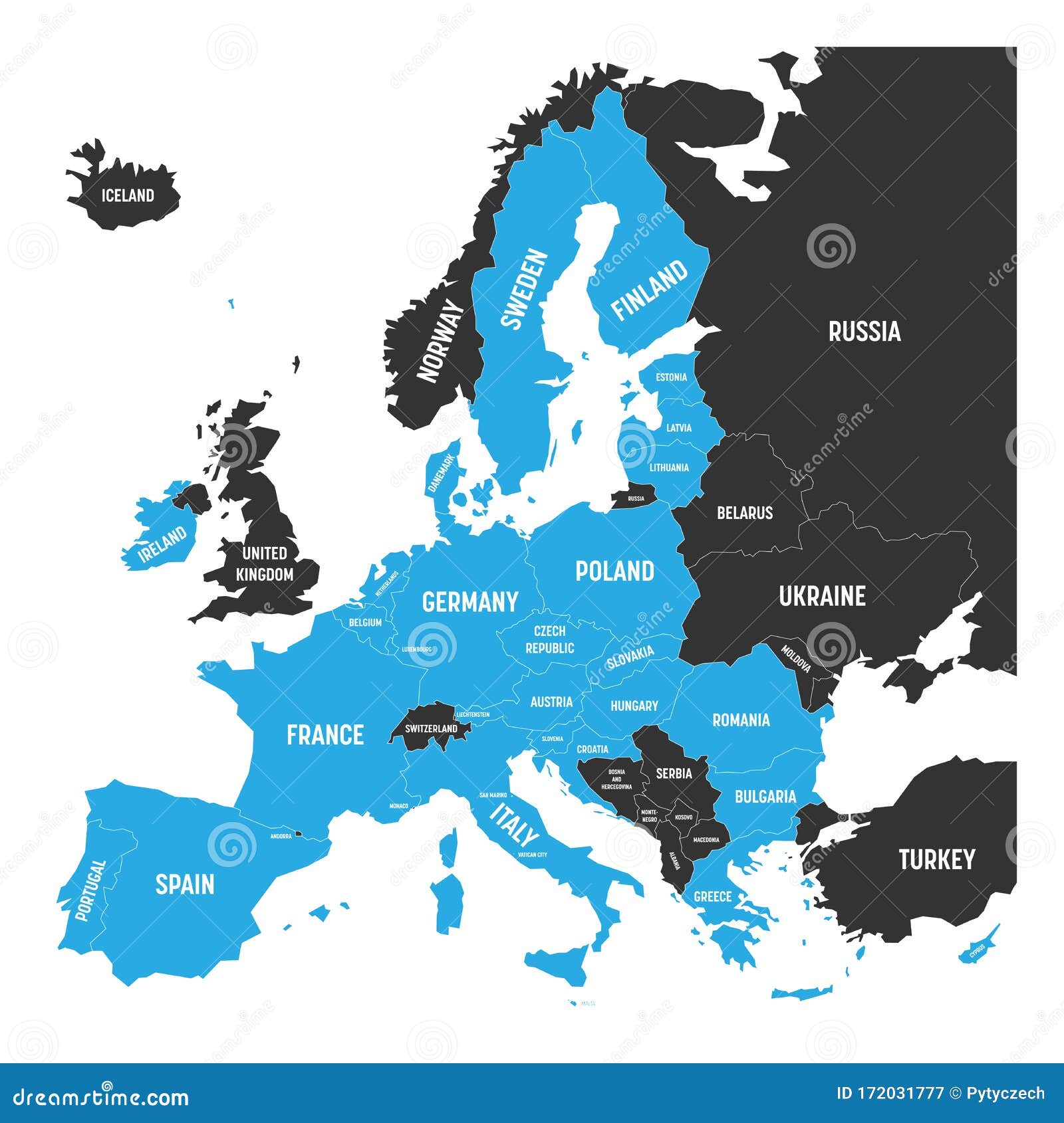 De Politieke Kaart Van Europa Met Blauw Belichtte 27 Europese Unie, Eu, Lidstaten Na Brexit In 2020 Eenvoudig Plat Vector Illustratie - Illustration Of Blauw, Spanje: 172031777