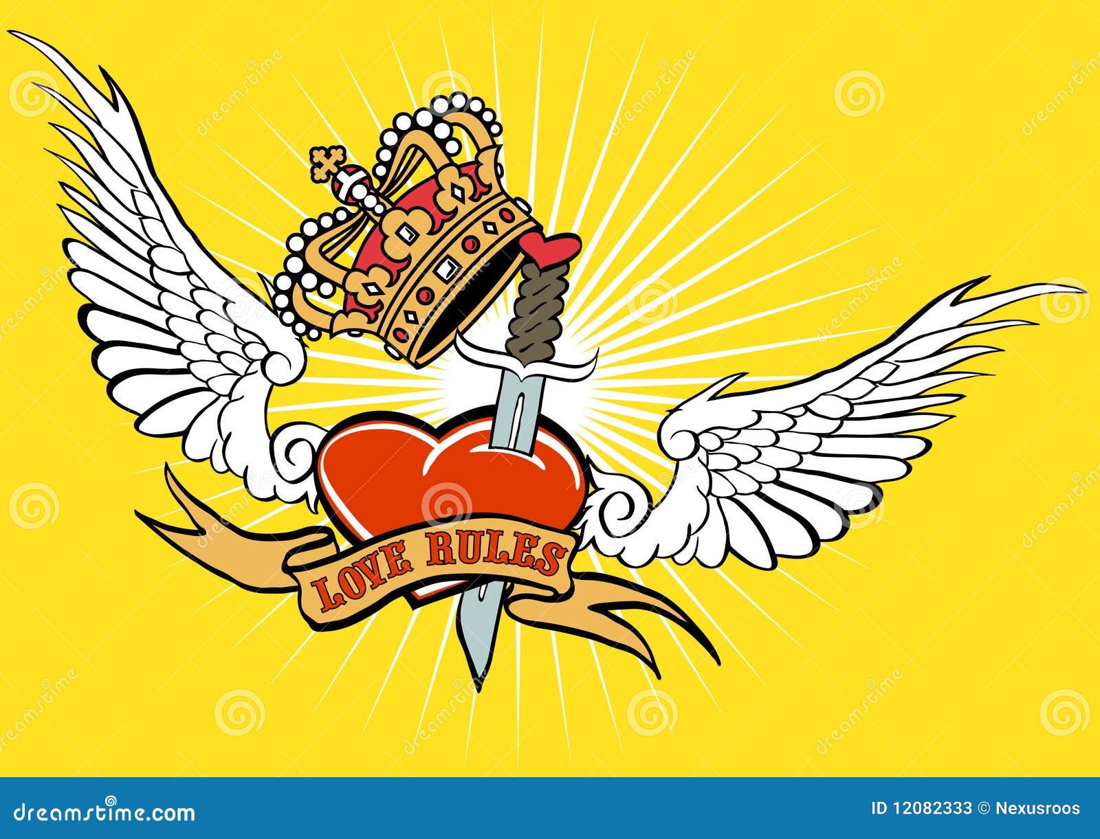 De regelstatoegering van de liefde. De tatoegeringsillustratie die het hart met de dolk, de vleugels en de kroon toont. Op de banner vooraan is wroten de regels van de Liefde