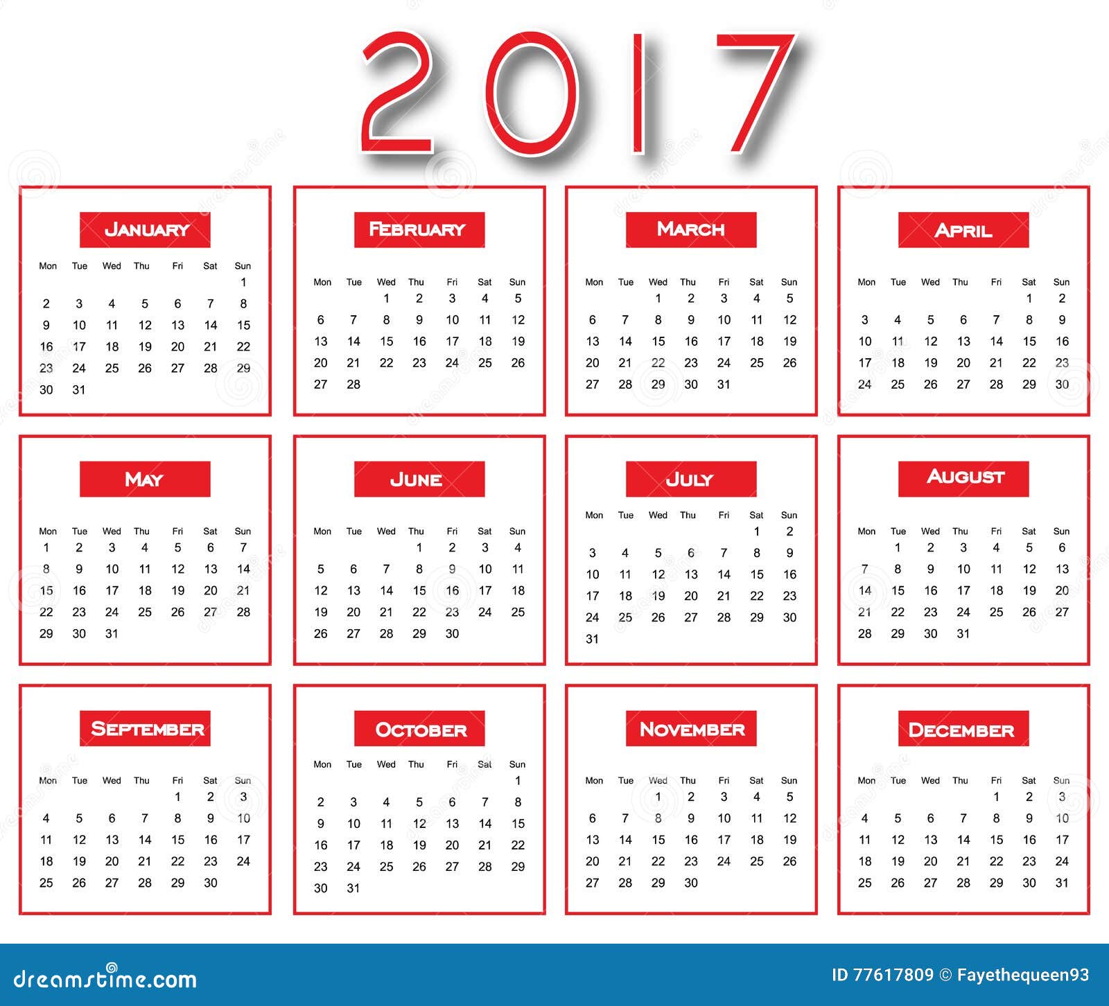 De Rode Eenvoudige Kalender Van 2017 - Kalender 2017 Ontwerp Stock  Illustratie - Illustration Of Aantal, Ontwerp: 77617809