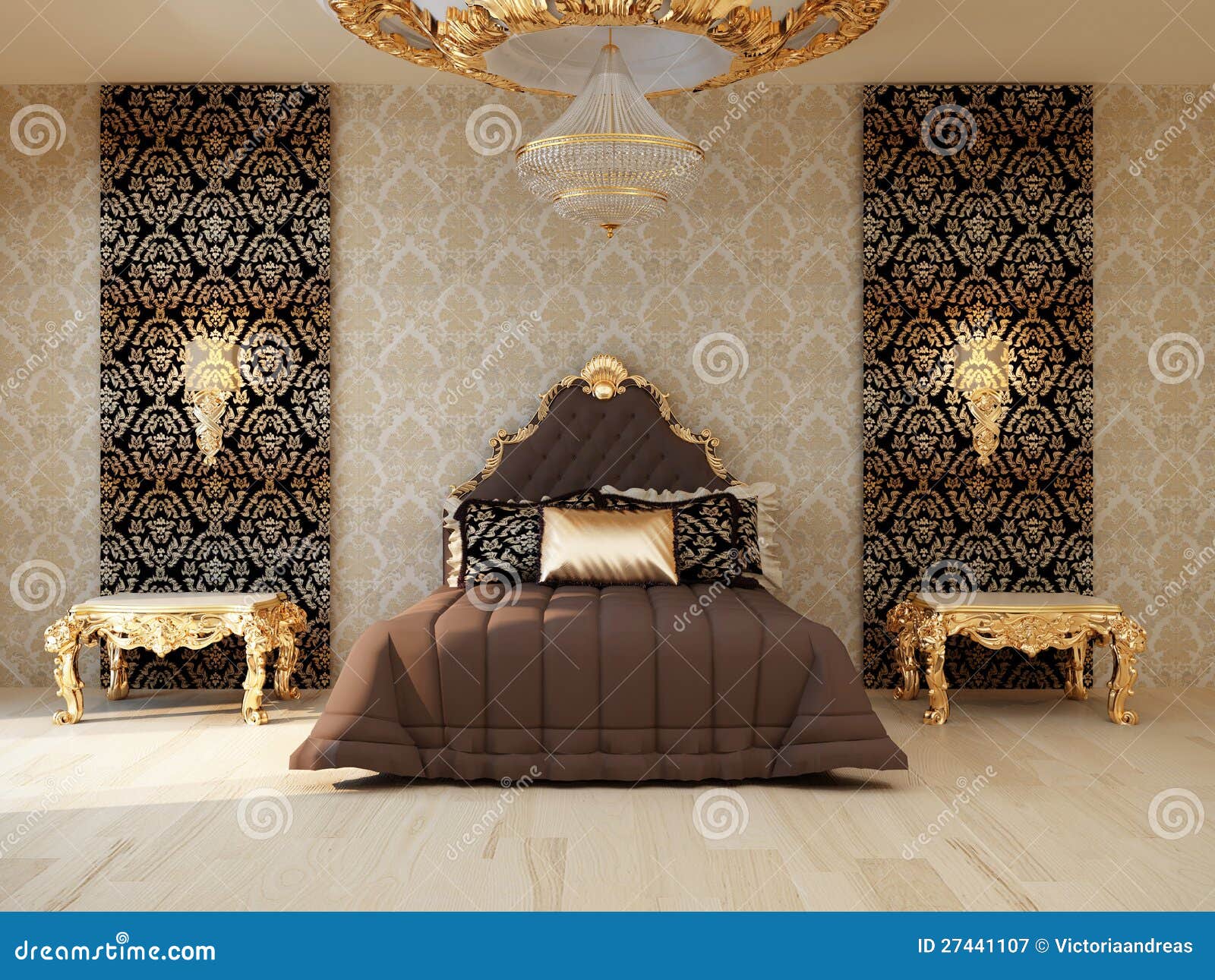 De slaapkamer van de luxe met gouden meubilair royalty vrije stock ...