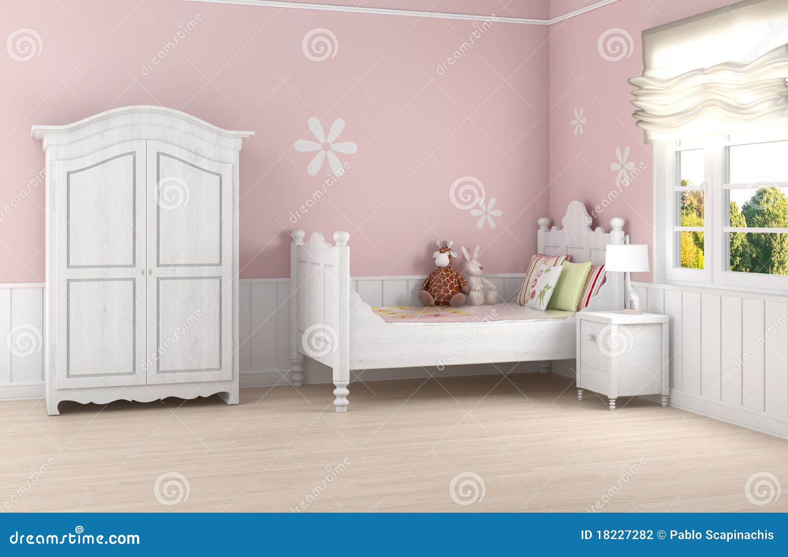 De slaapkamer van het meisje met roze muren stock afbeelding ...
