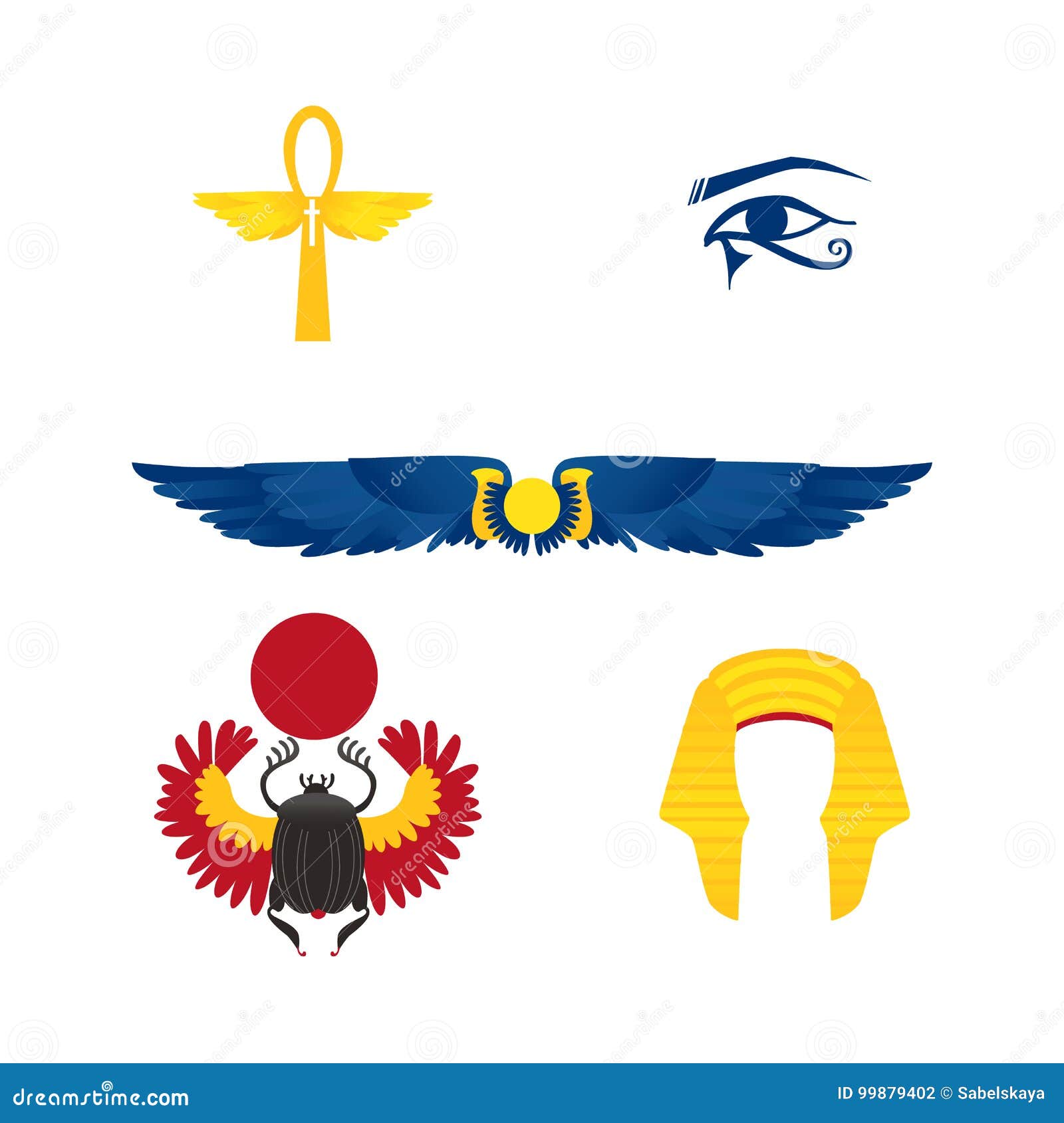 De Symbolen Van Egypte - Gevleugelde Zon, Ankh, Kroon, Mestkever Vector ...