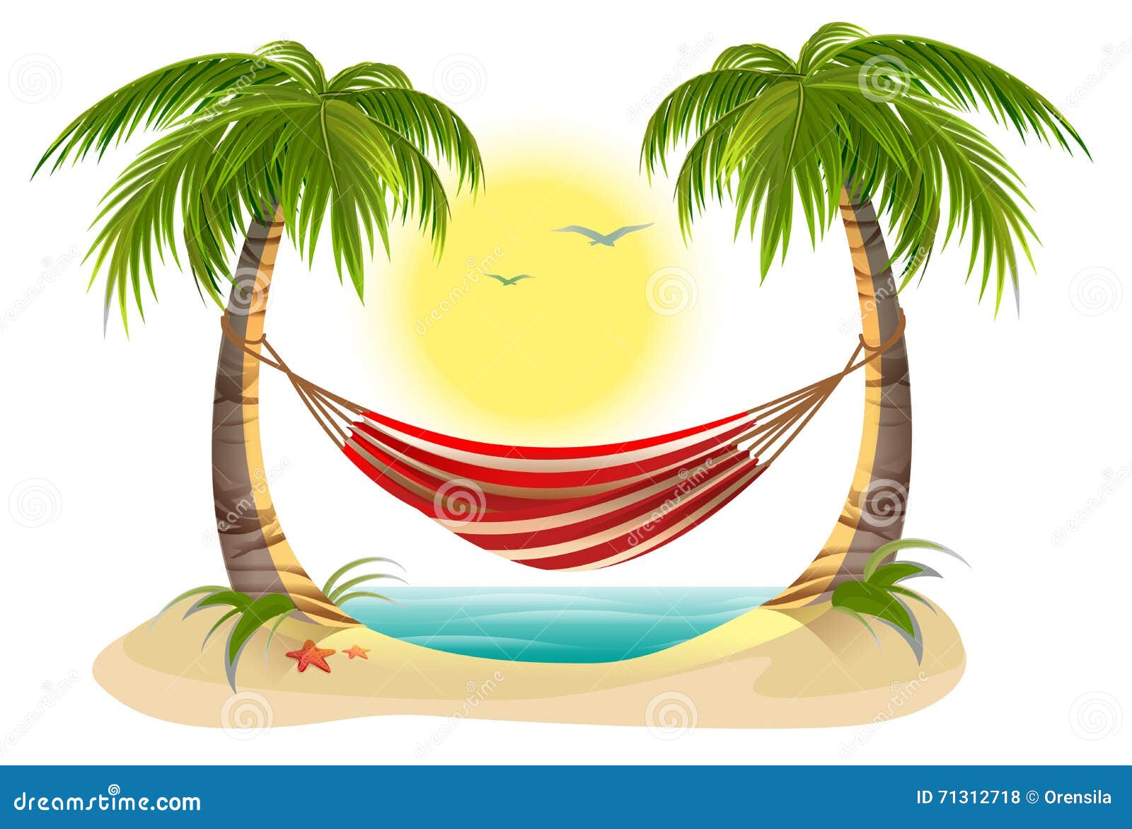 Vakantie Het Strand Hangmat Tussen Palmen Vector Illustratie - Illustration of strand, eiland: 71312718