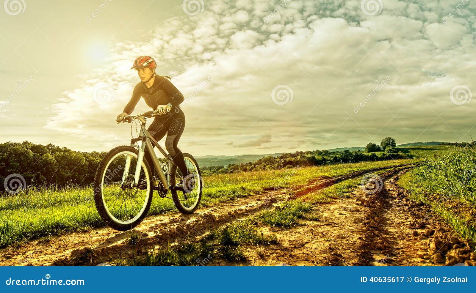 Technologie Snor bossen De Vrouw Van De Sportfiets Op Een Weide Met Een Mooi Landschap Stock  Afbeelding - Image of helm, blauw: 40635617