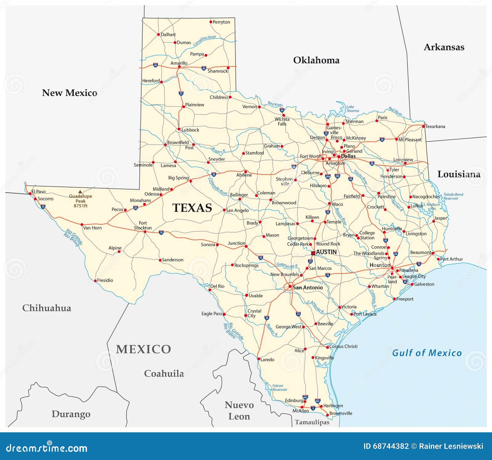 De wegenkaart van Texas stock illustratie. Illustration of houston