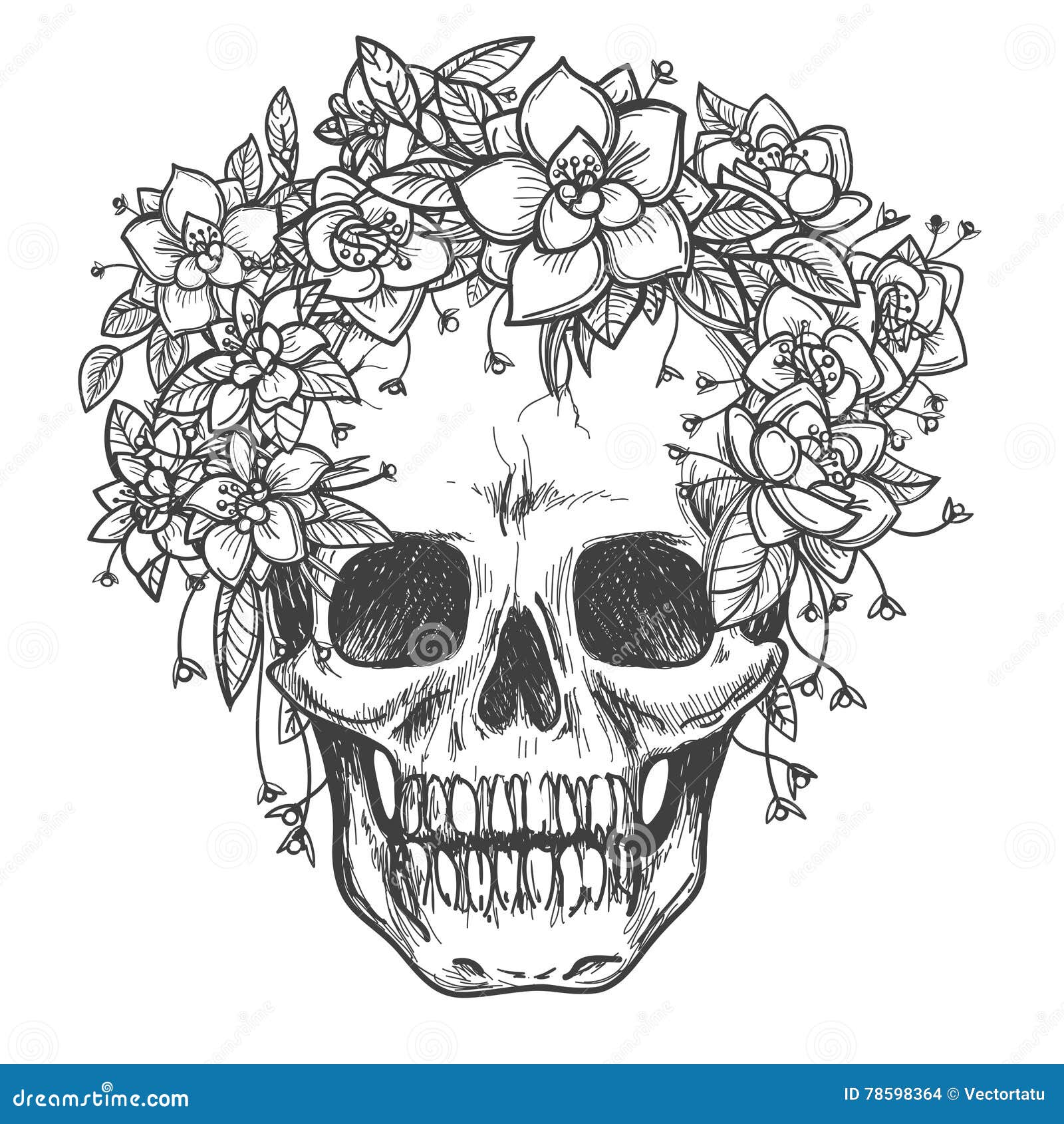 Dead Skull With Rose Flowers Sketch Stock Vector - Illustration Of  Calavera, Blossom: 78598364