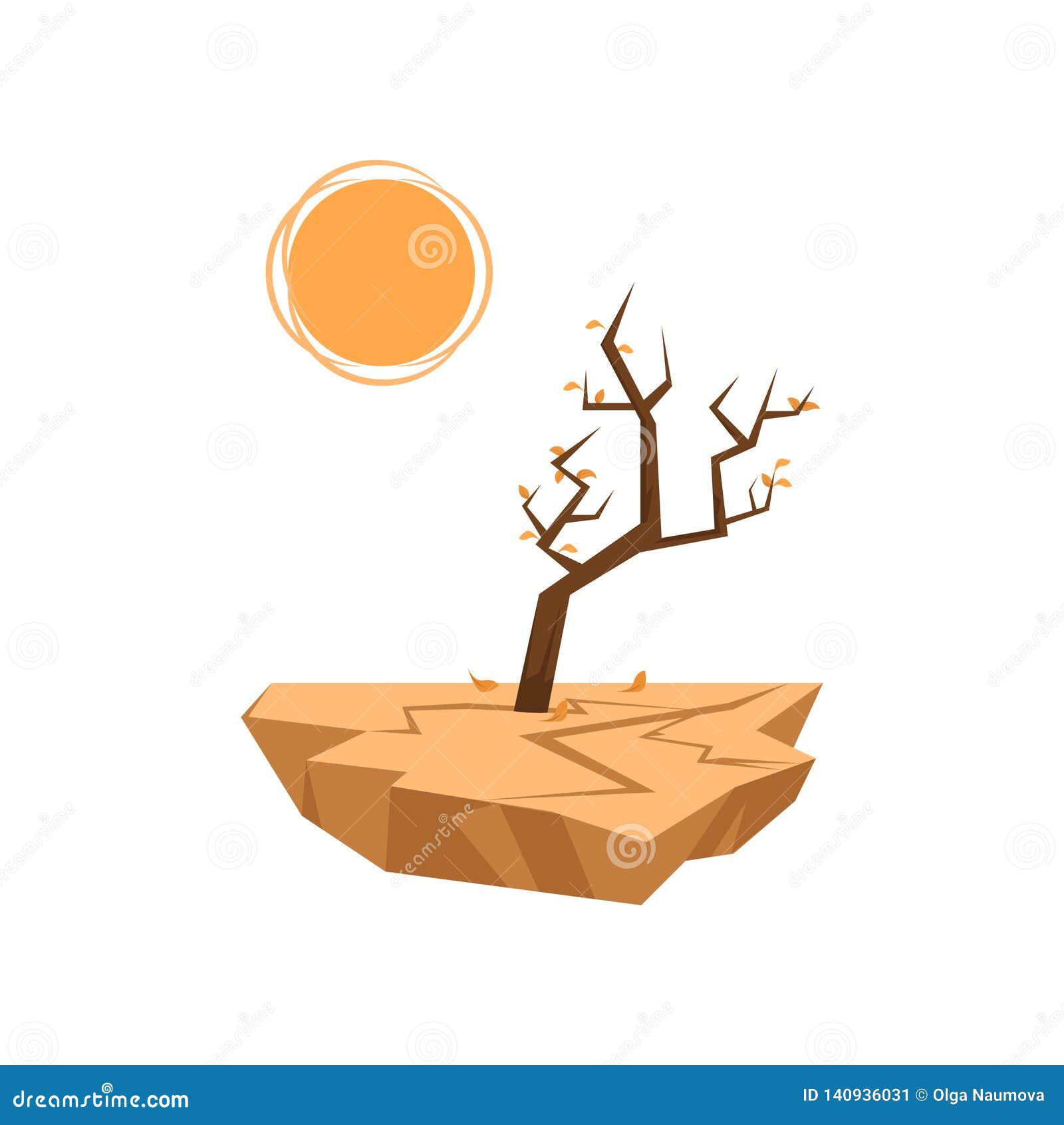 dead trees sprout in dry soil  on white background