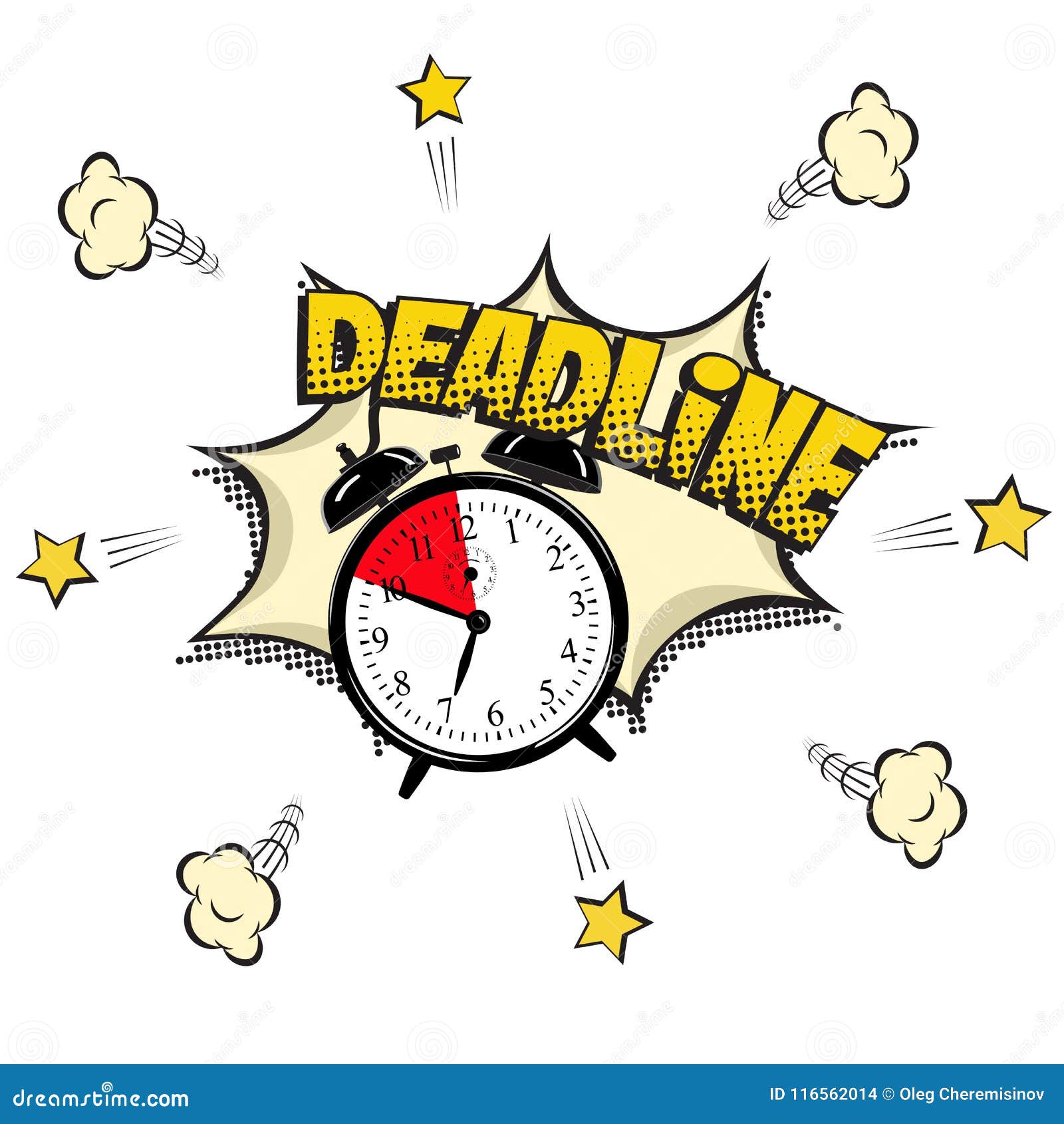 deadline concept  in comic book style.  alarm clock and deadline word  on white background.