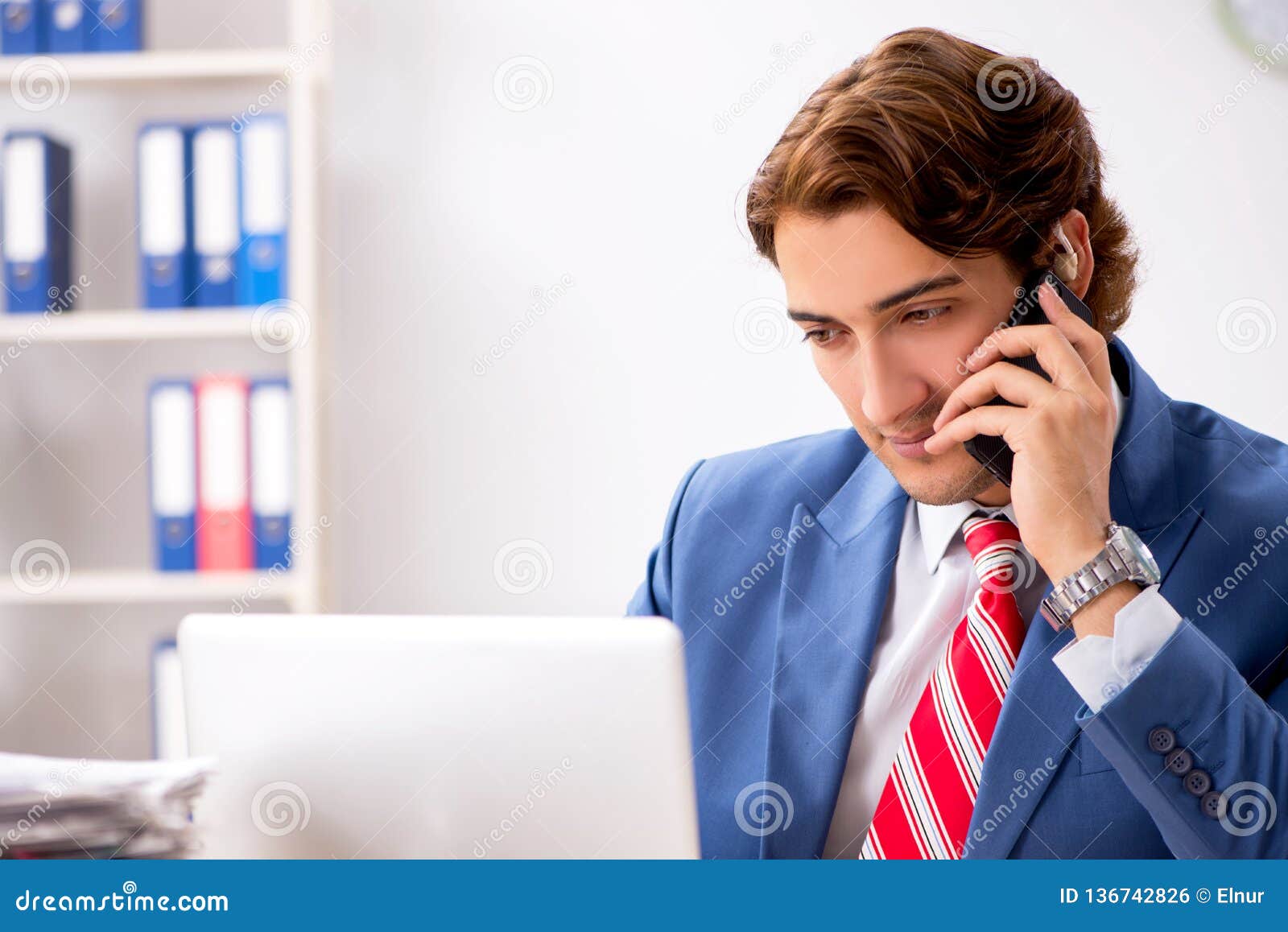 The Deaf Employee Using Hearing Aid in Office Stock Photo - Image of ...