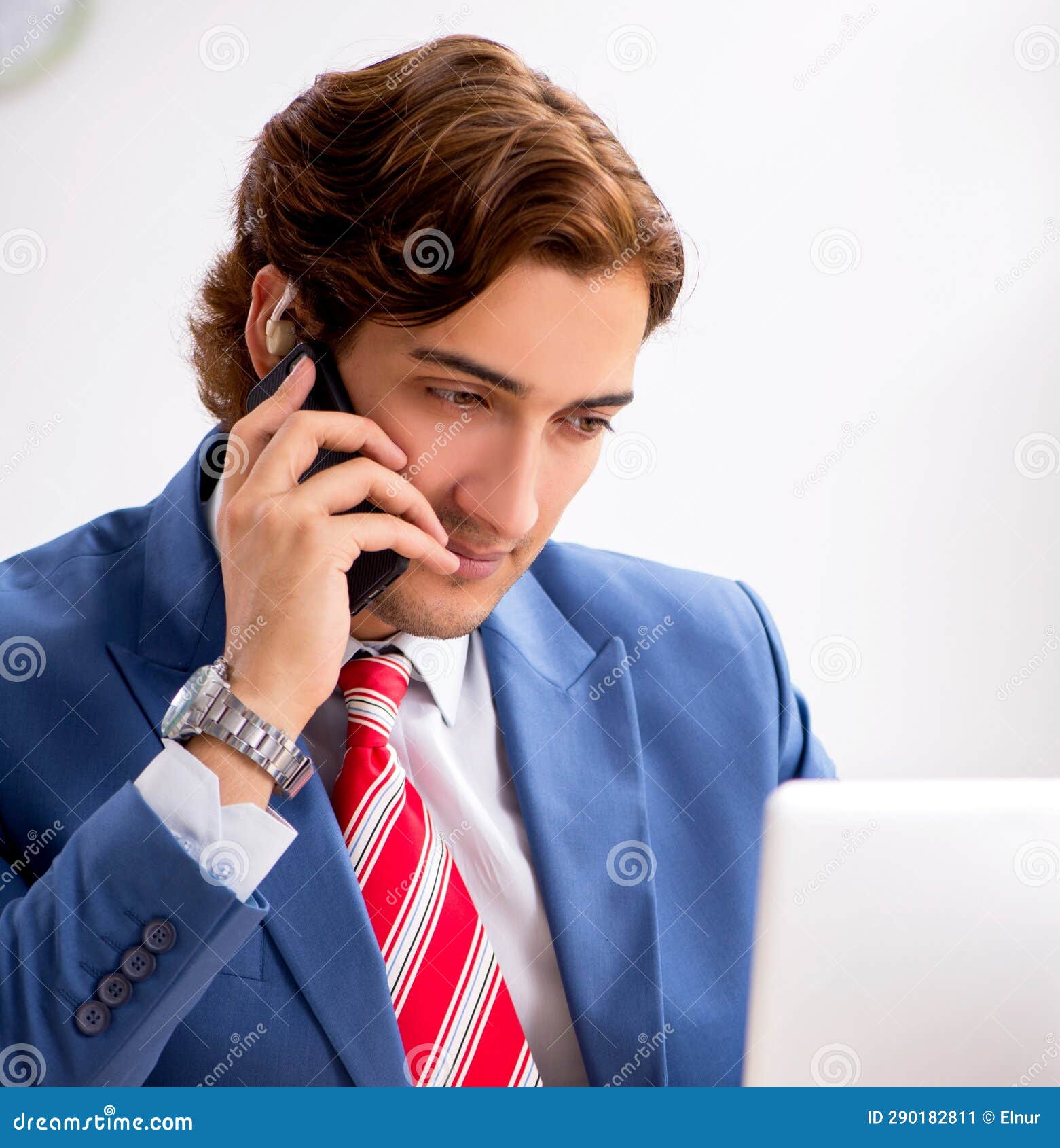 Deaf Employee Using Hearing Aid in Office Stock Image Image of head