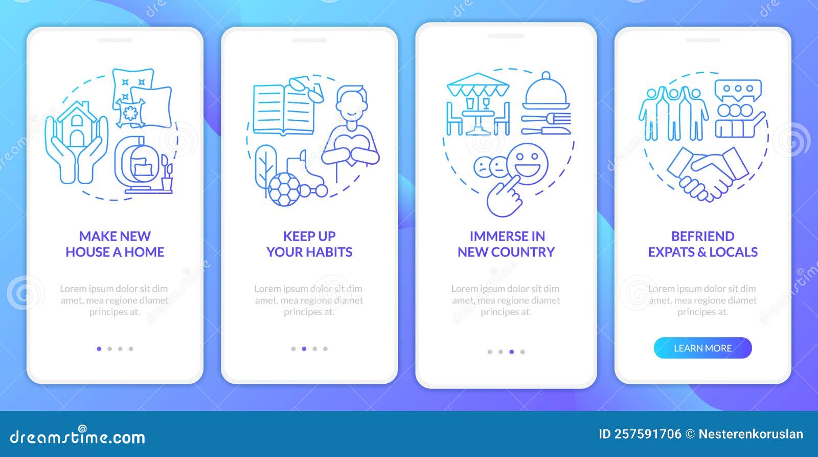 deal with homesickness tips blue gradient onboarding mobile app screen