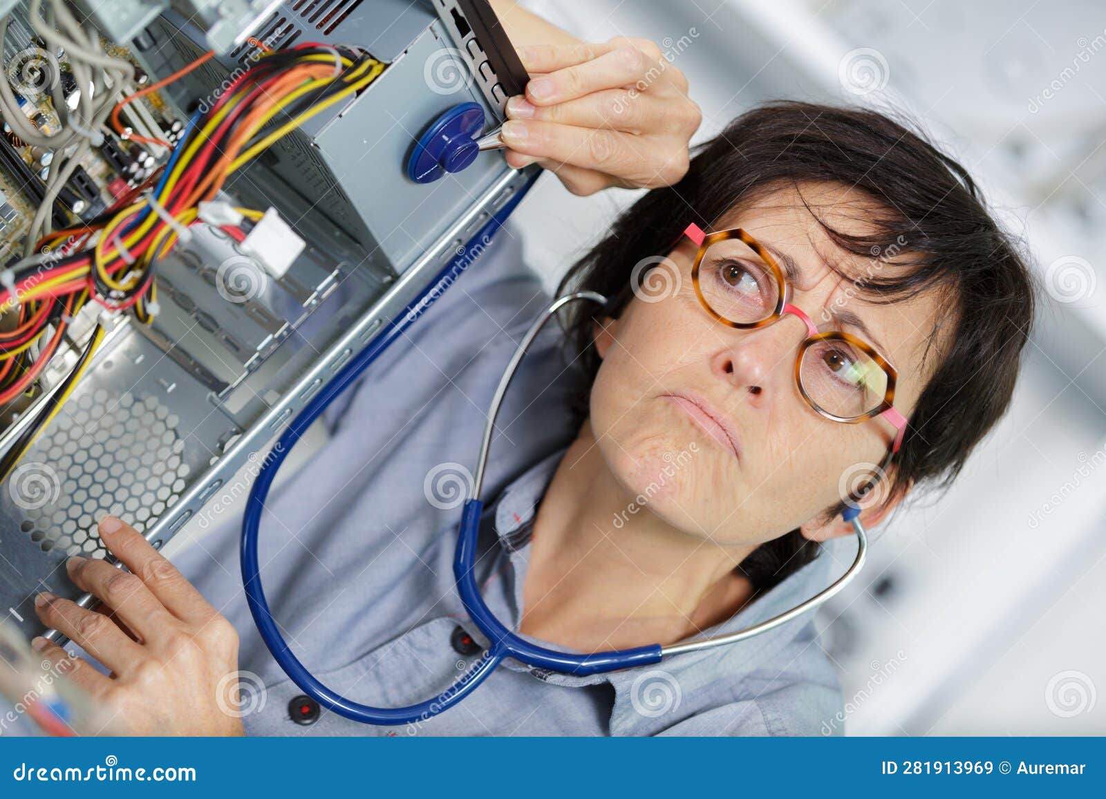 She Dealing with Broken Pc Parts Stock Image Image of online, chain