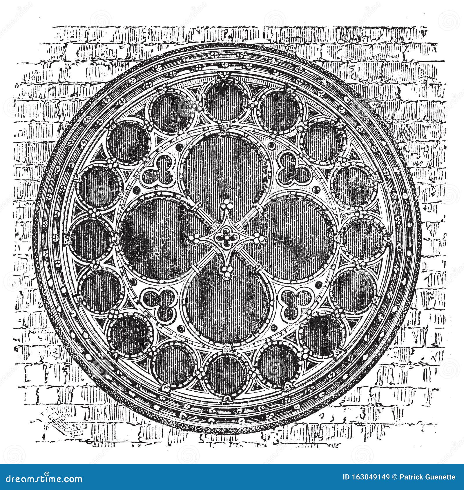 dean`s eye rose window in the north transept of lincoln cathedral, england. old engraving