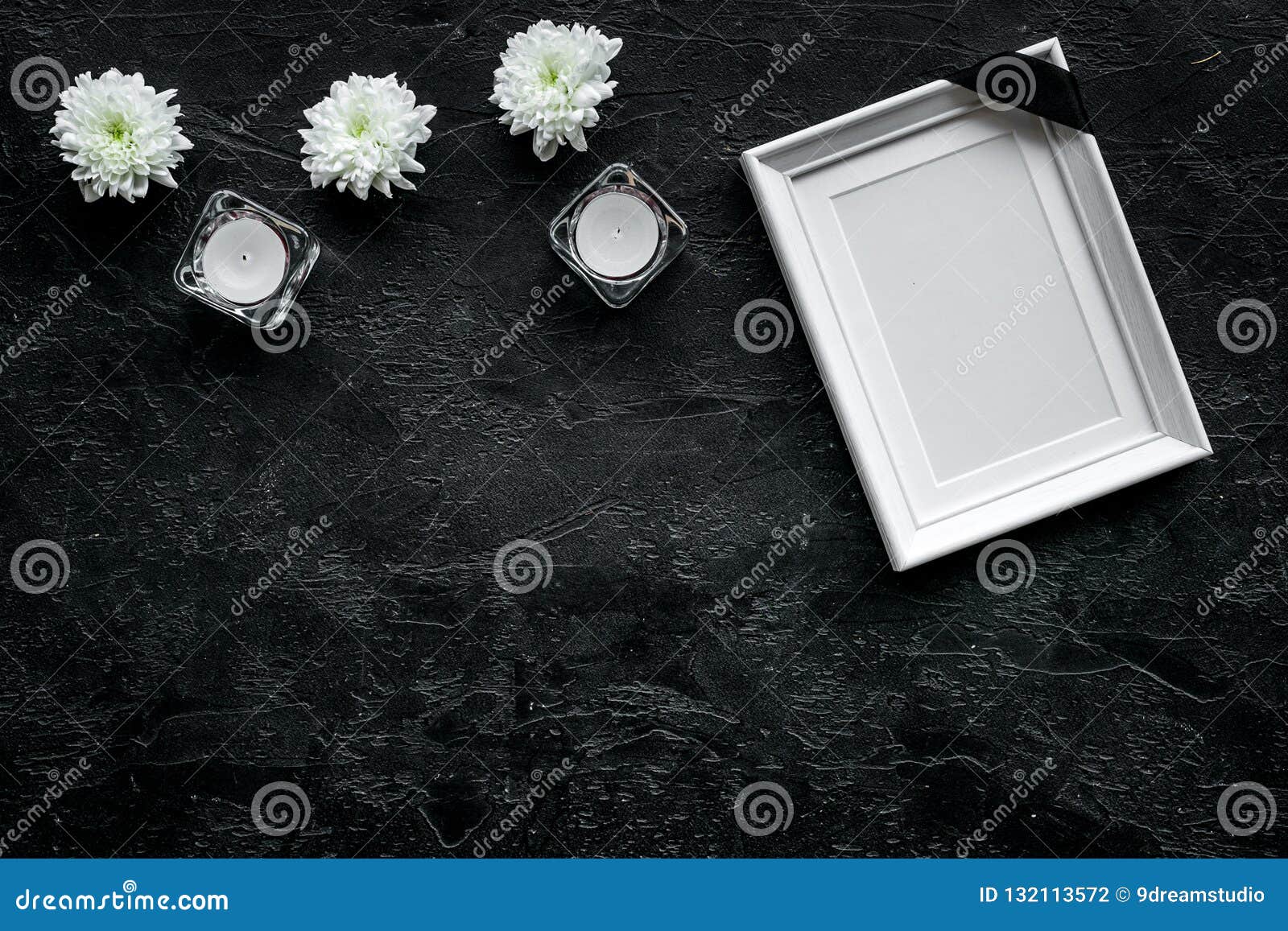 Death Concept. Photo Frame, Mockup with Black Ribbon Near Flowers, Candles  on Black Background Top View Copy Space Stock Photo - Image of ribbon,  mourning: 132113572