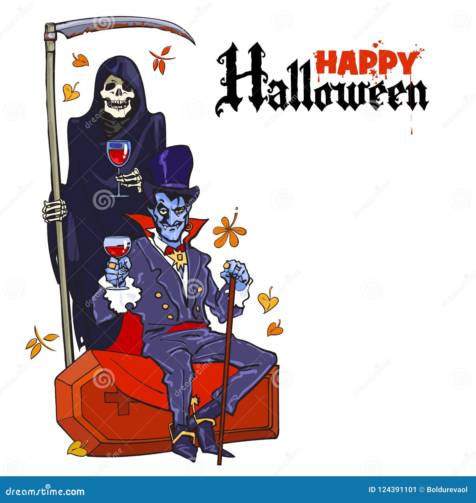 Death Skeleton and Dracula Vampire. Halloween Characters in Cartoon Style.  Happy Halloween Poster. Stock Vector - Illustration of fangs, blood:  124391101