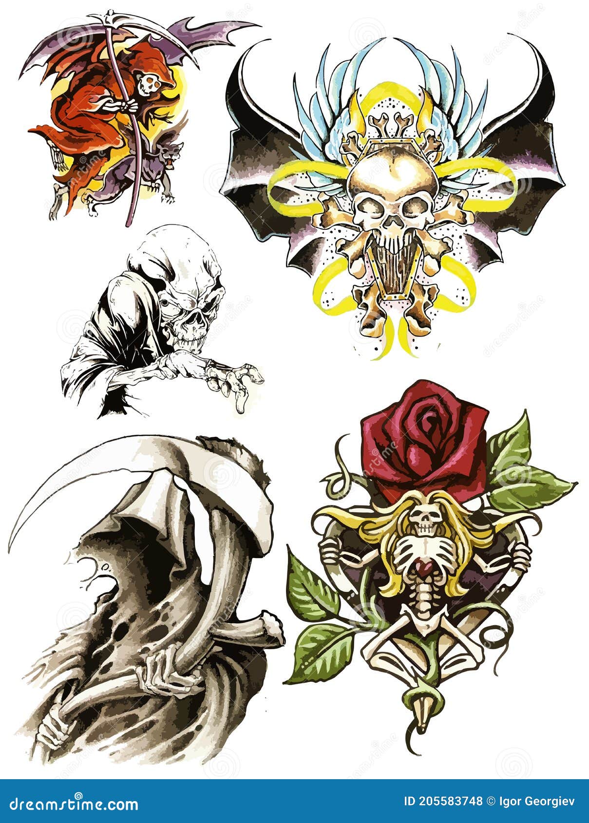 Death Tattoo Flash Set. Set of Horror Labels and Elements. Vector ...