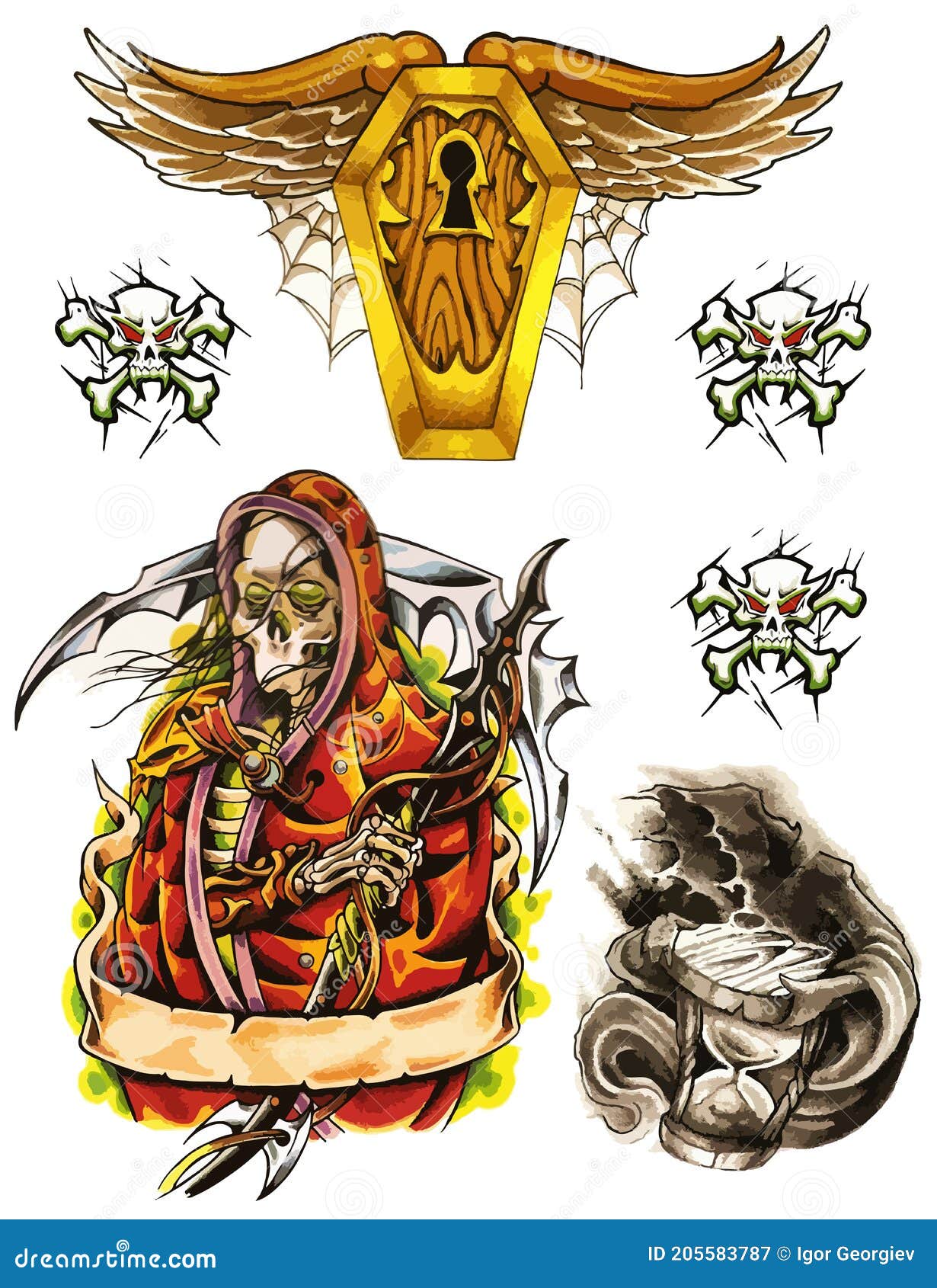 Death Tattoo Flash Set. Set of Horror Labels and Elements. Vector ...