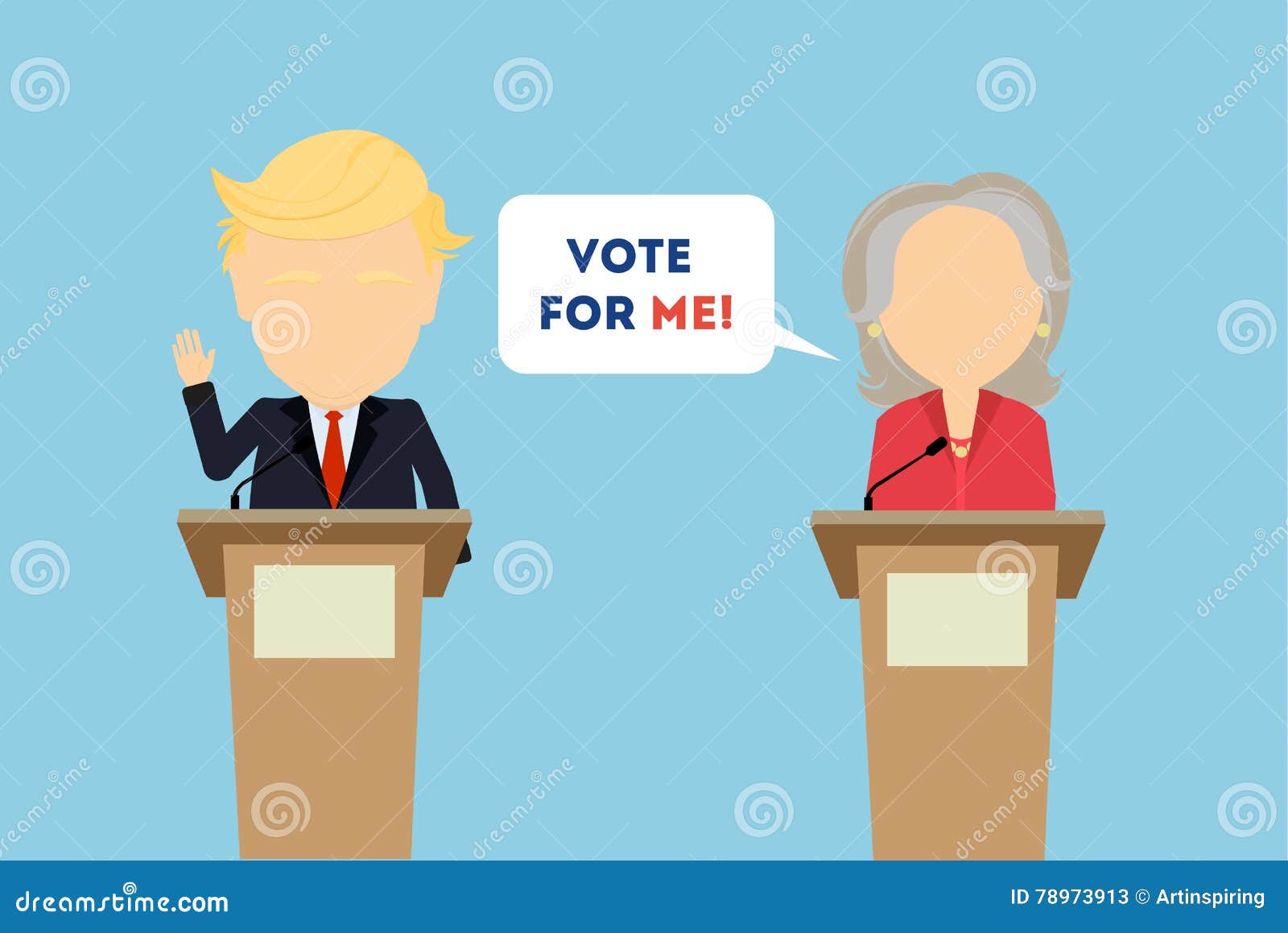 Rússia outubro 10, 2016 Debates na eleição Orador dois em tribunas Voto para mim Conceito da votação, do ellection e da votação Campanha eleitoral Donald Trump e Hillary Clinton