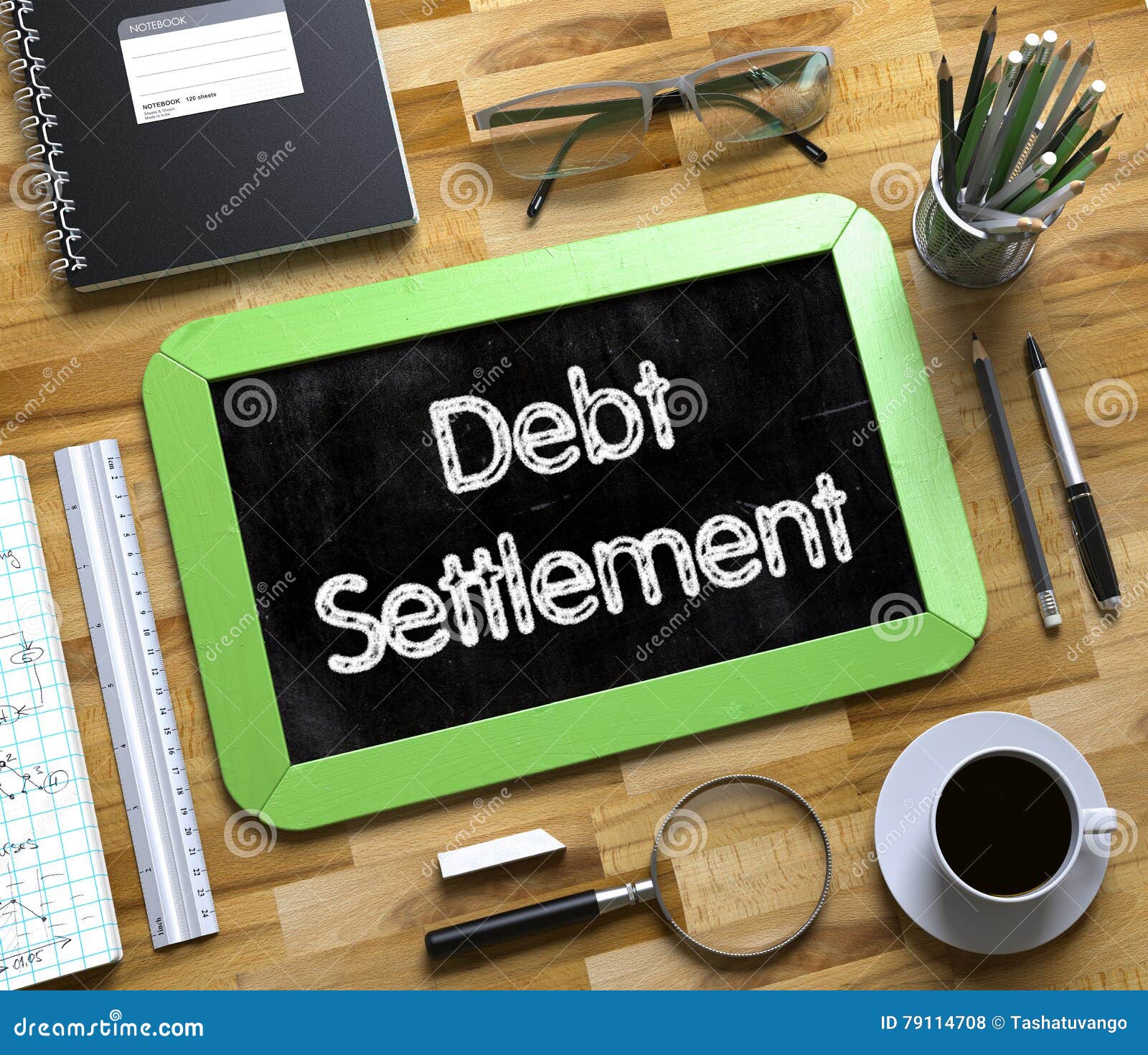 debt settlement concept on small chalkboard. 3d.