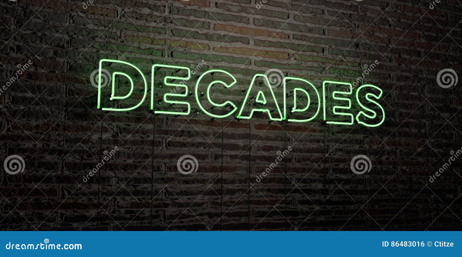 decades -realistic neon sign on brick wall background - 3d rendered royalty free stock image