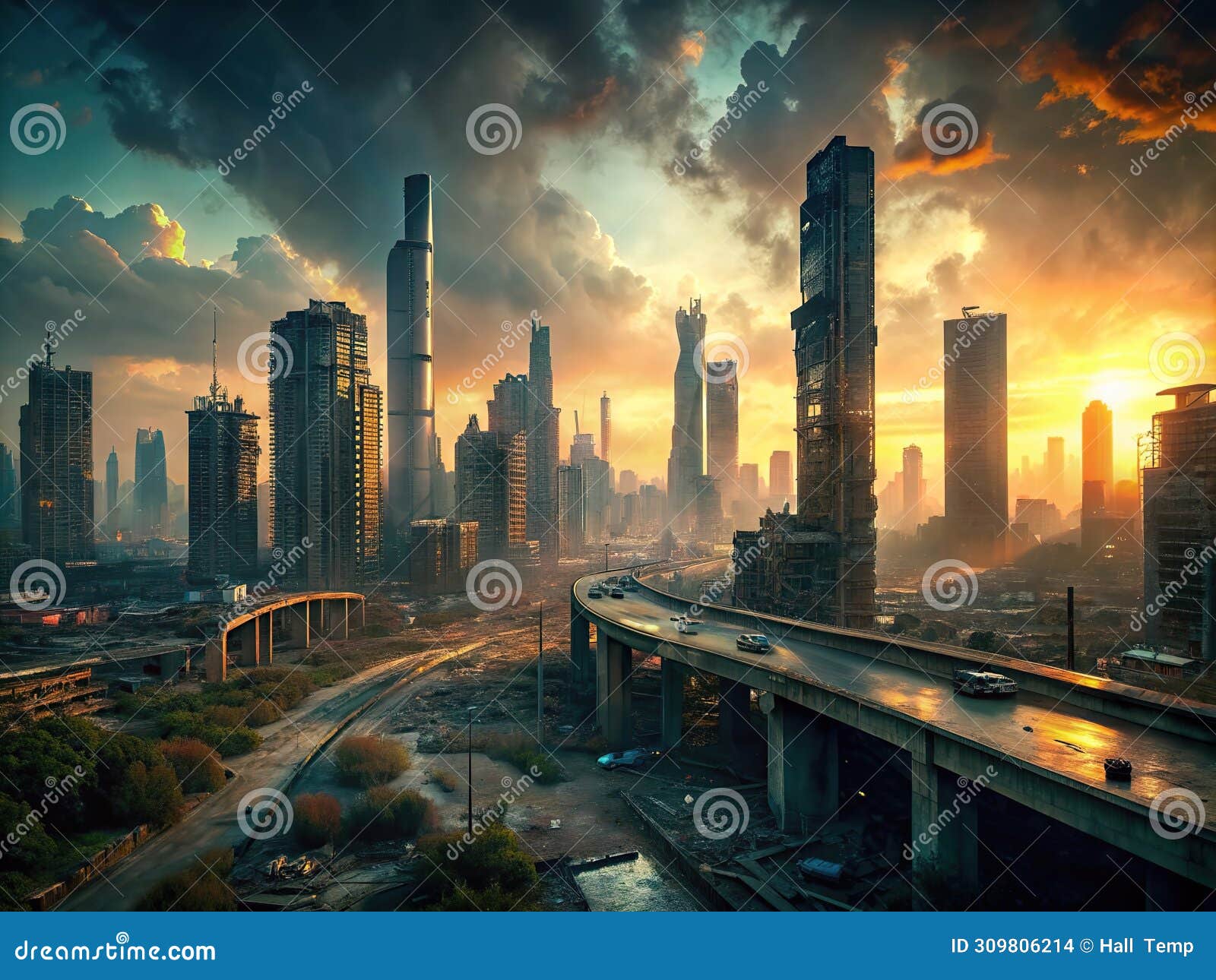 a decaying cyberpunk megacity skyline at dusk