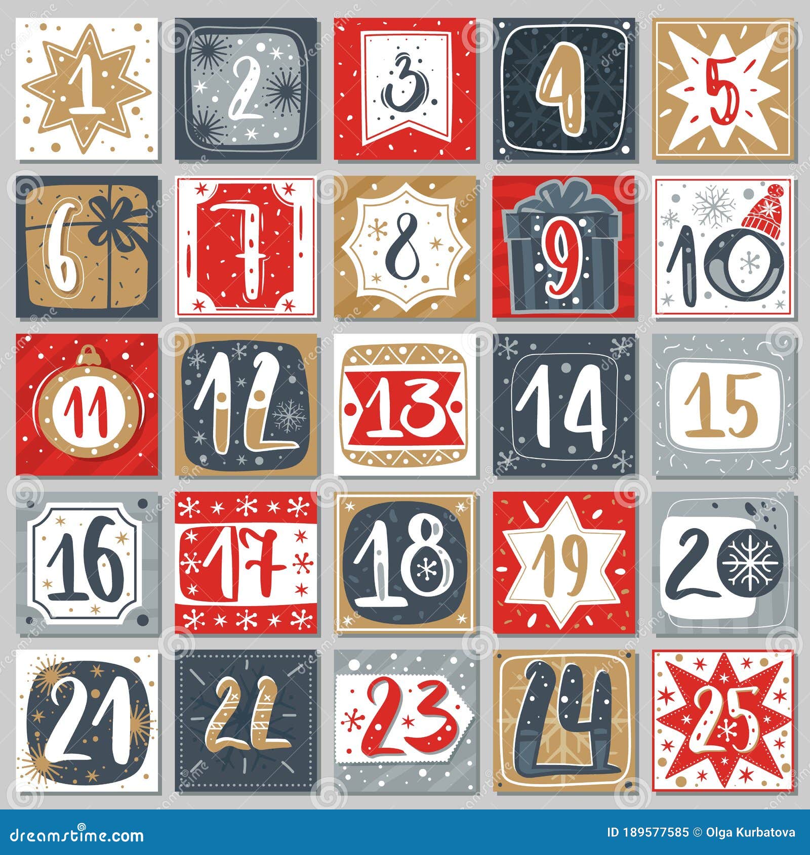 December Advent Calendar. Christmas Poster Countdown Printable Tags Numbered Poster with Xmas