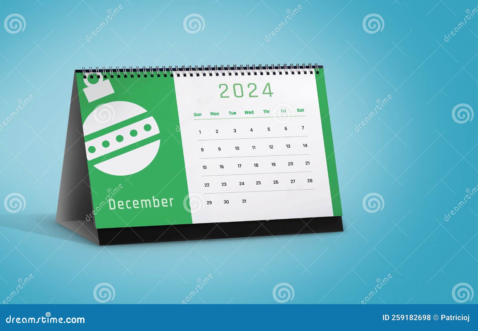 december 2024 calendar with ornament icon  on blue background with space for copy