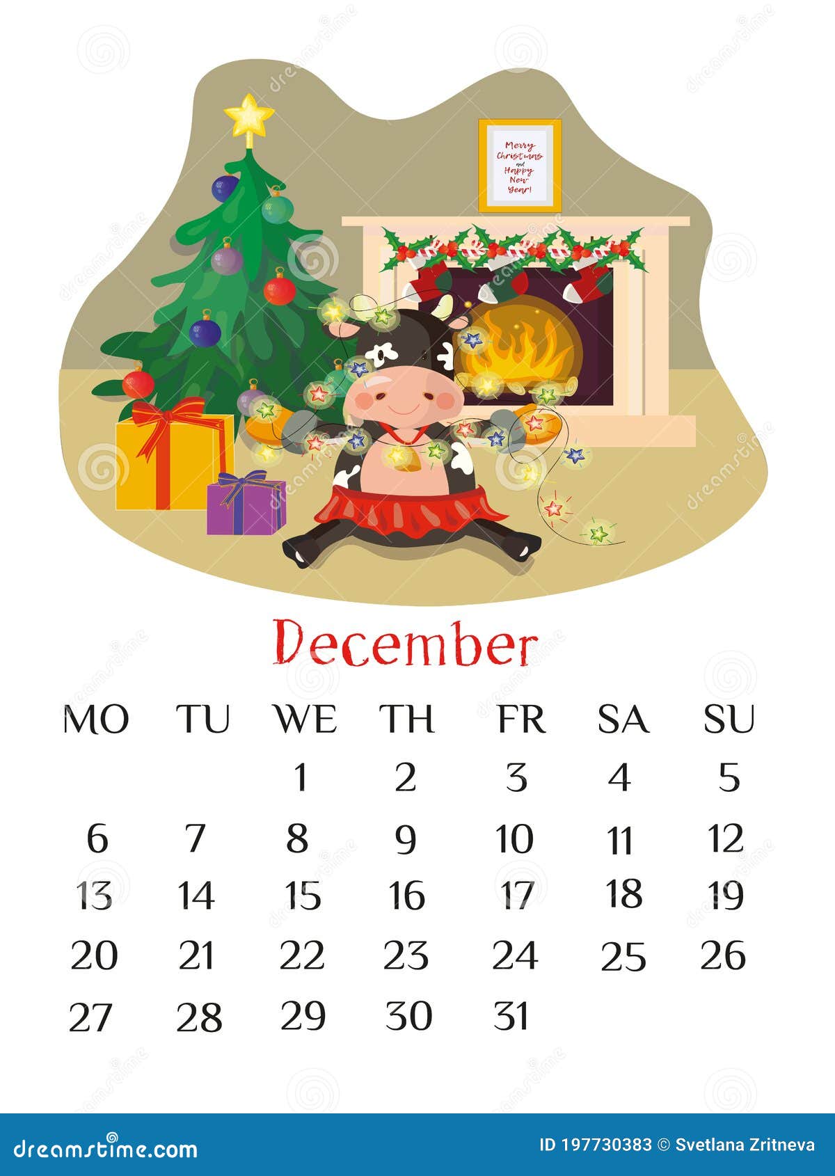 December Calendar Page 2021 with Bull Decorating Christmas Tree with