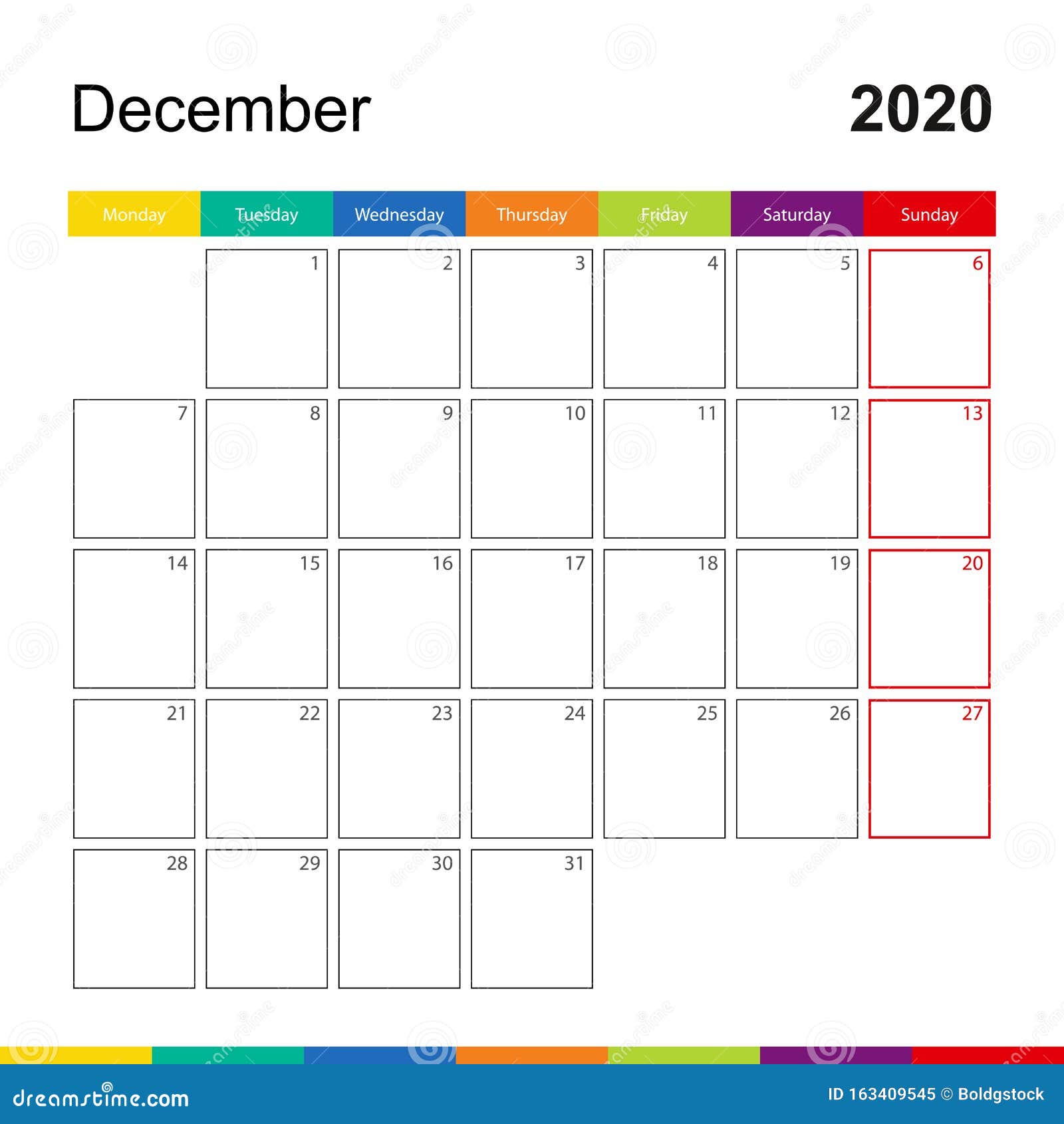 December 2020 Colorful Wall Calendar, Week Starts On Monday Stock Vector Illustration of wall