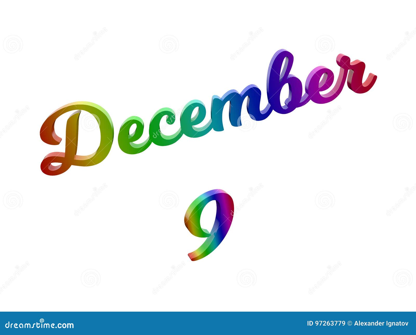 December 9 Date of Month Calendar, Calligraphic 3D Rendered Text