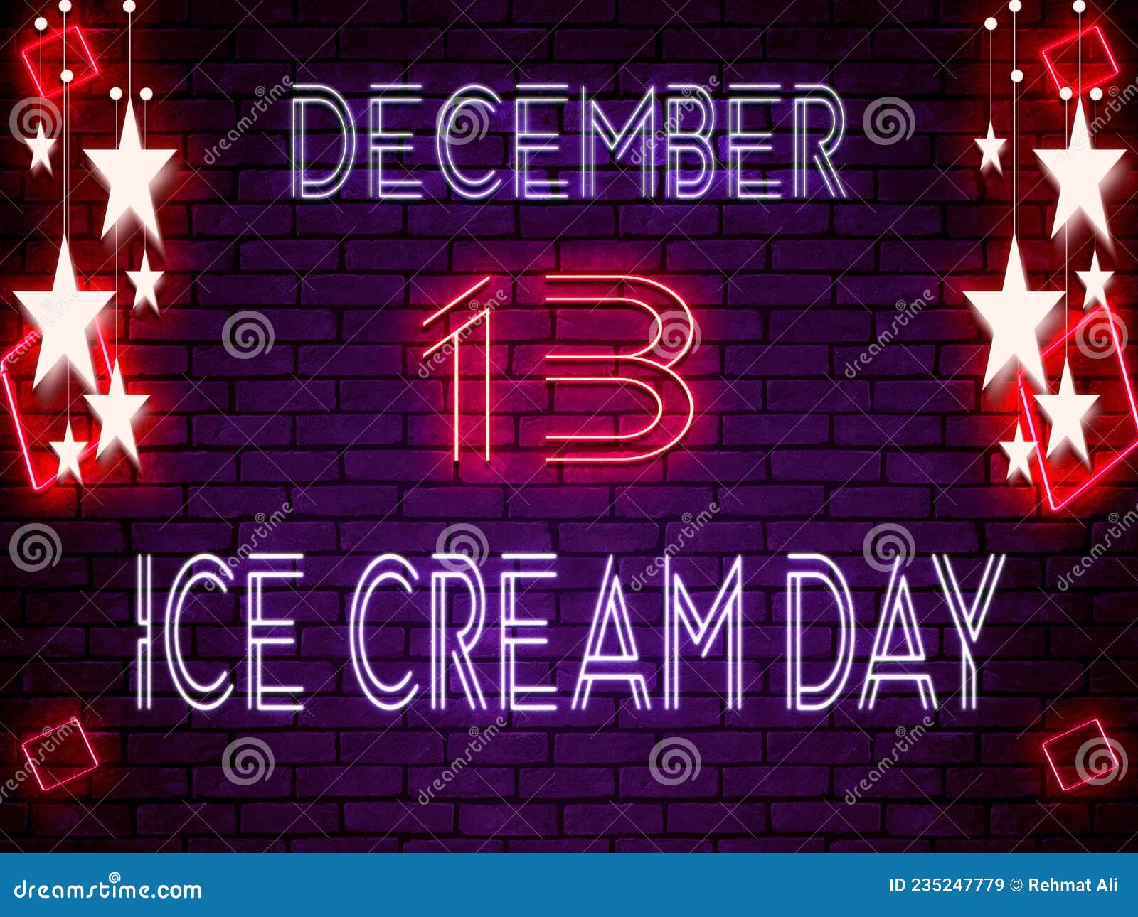 13 December, Ice Cream Day, Neon Text Effect on Bricks Background Stock