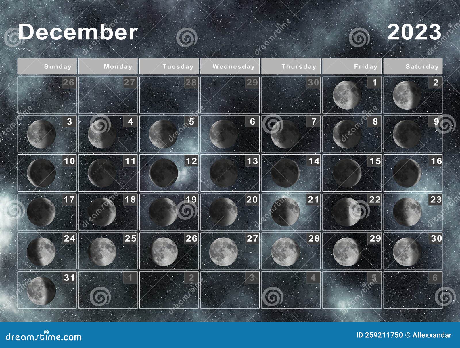 December 2023 Lunar Calendar, Moon Cycles Stock Illustration ...