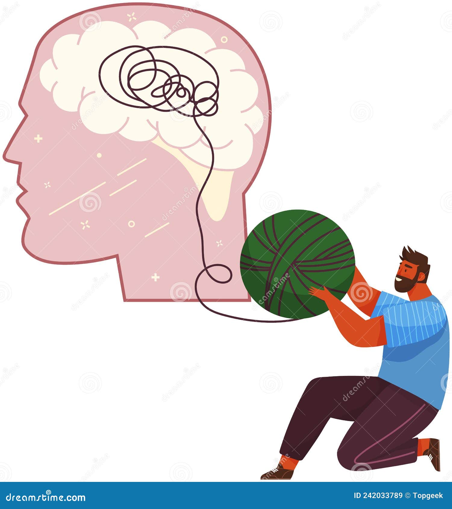 man untangles ball of thread in human head to deal with problems, maintain brain activity