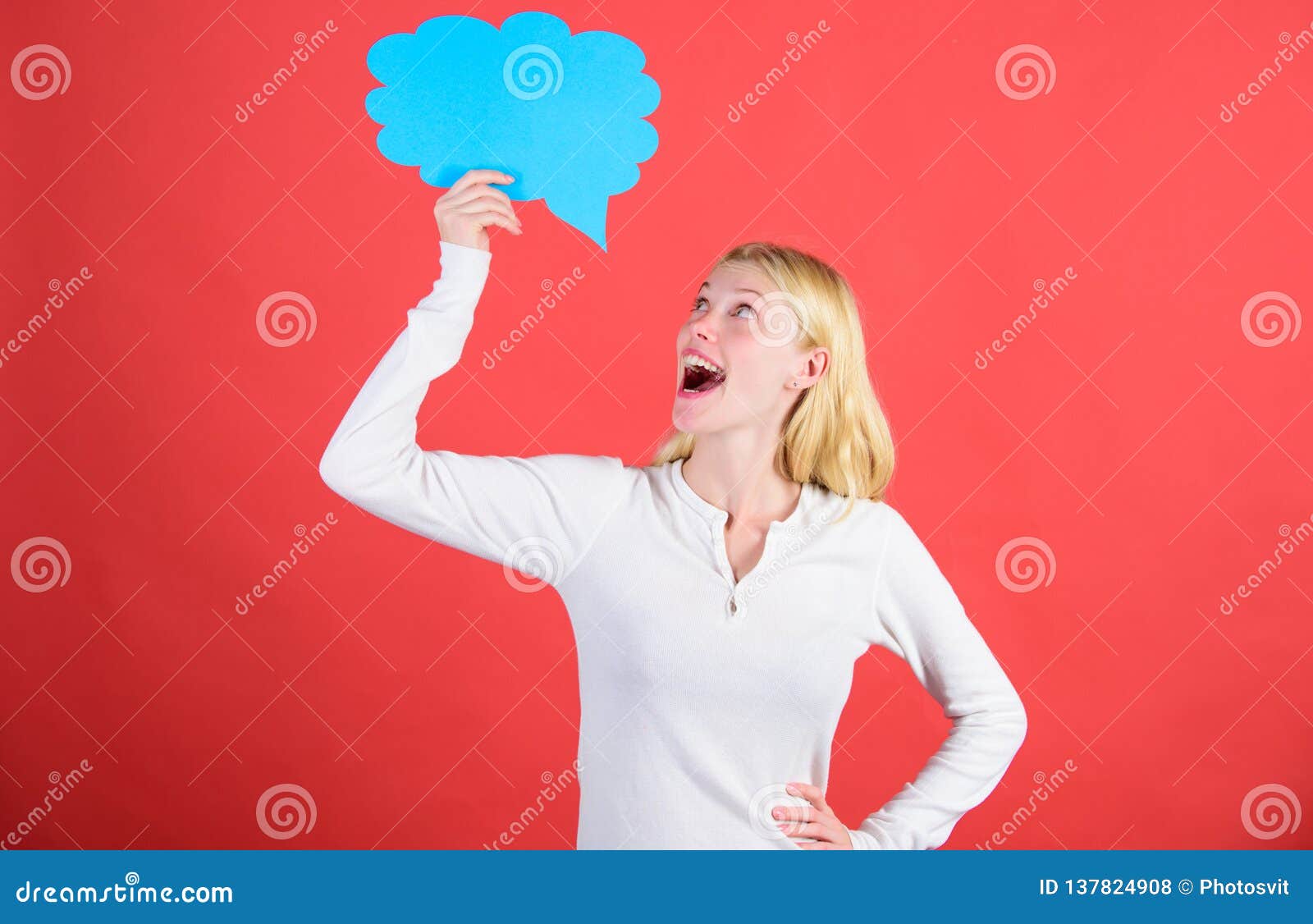 decision and thoughts copy space. girl with speech bubble. thoughts of surprised adorable woman. decision and solution