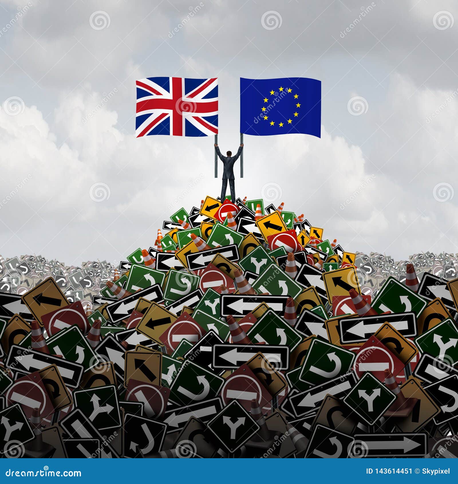 Decisione BRITANNICA dell'Unione Europea o confusione politica della Gran-Bretagna Europa come concetto del brexit per un voto di New Britain e crisi britannica di governo come condizione della persona su una montagna dei segni con le bandiere con gli elementi dell'illustrazione 3D