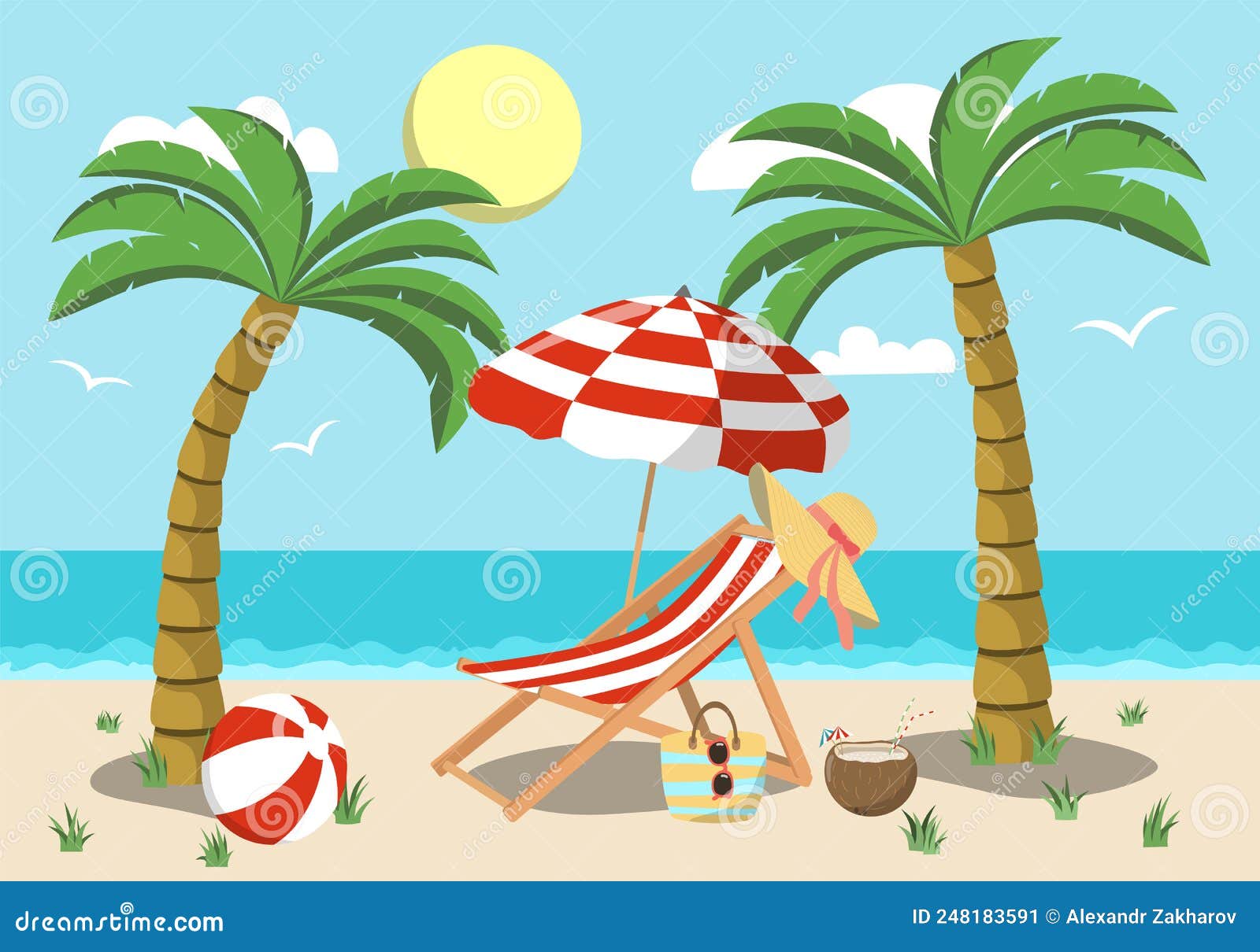 Deck Chair and Beach Umbrella on the Sand Coast. Beach Landscape ...